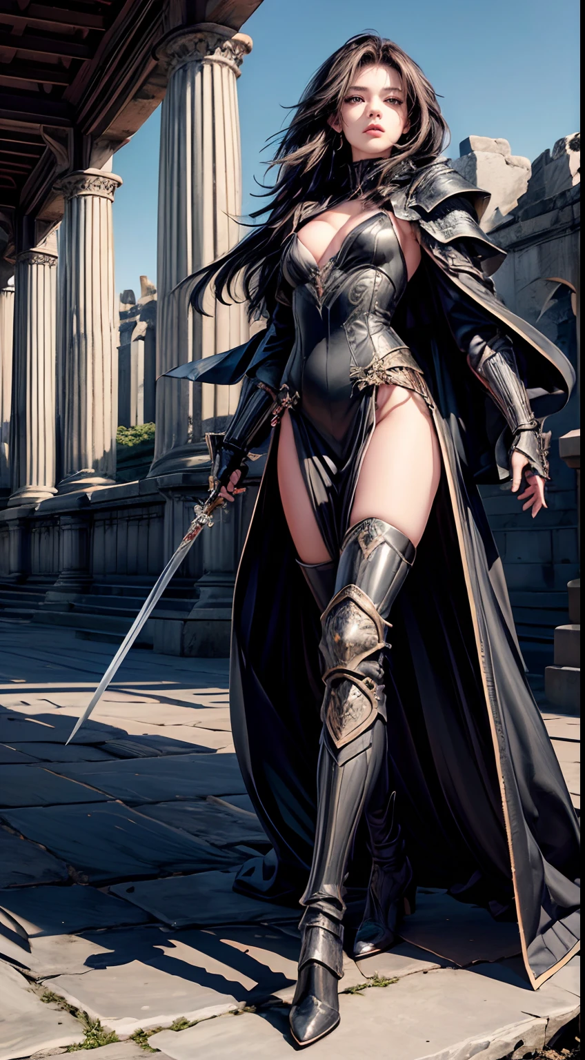 Pretty women, 20yr old,Solo,Japanese,Black dress Armor,high heels boots,Full body portrait,Female Warrior,Slender body,holding swords,robe,Manteau,Perfect face and nice perfect face, Surreal concept, 8K resolution, photographic quality, Walk through the ruins, Photorealistic,A detailed eye,Diagonal angle