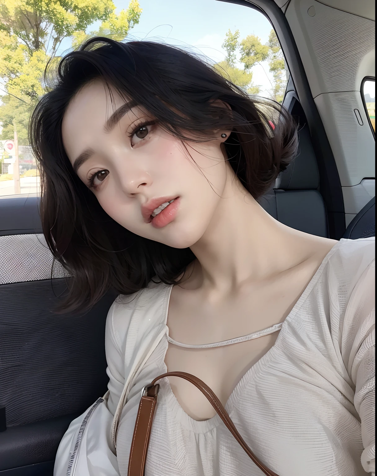((highest quality、8k、masterpiece:1.3))、Sharp focus:1.2、Beautiful woman with perfect body:1.4、((Layered Haircut、Small Tits:1.2))、(White sheer bra) (Small beautiful hard nipples) 、(Inside the car while driving:1.2)、Sit in the passenger seat、Wet body:1.1、Highly detailed face and skin texture、 Detailed eyes、double eyelid、Sunburned skin、Sexy、Sunburn