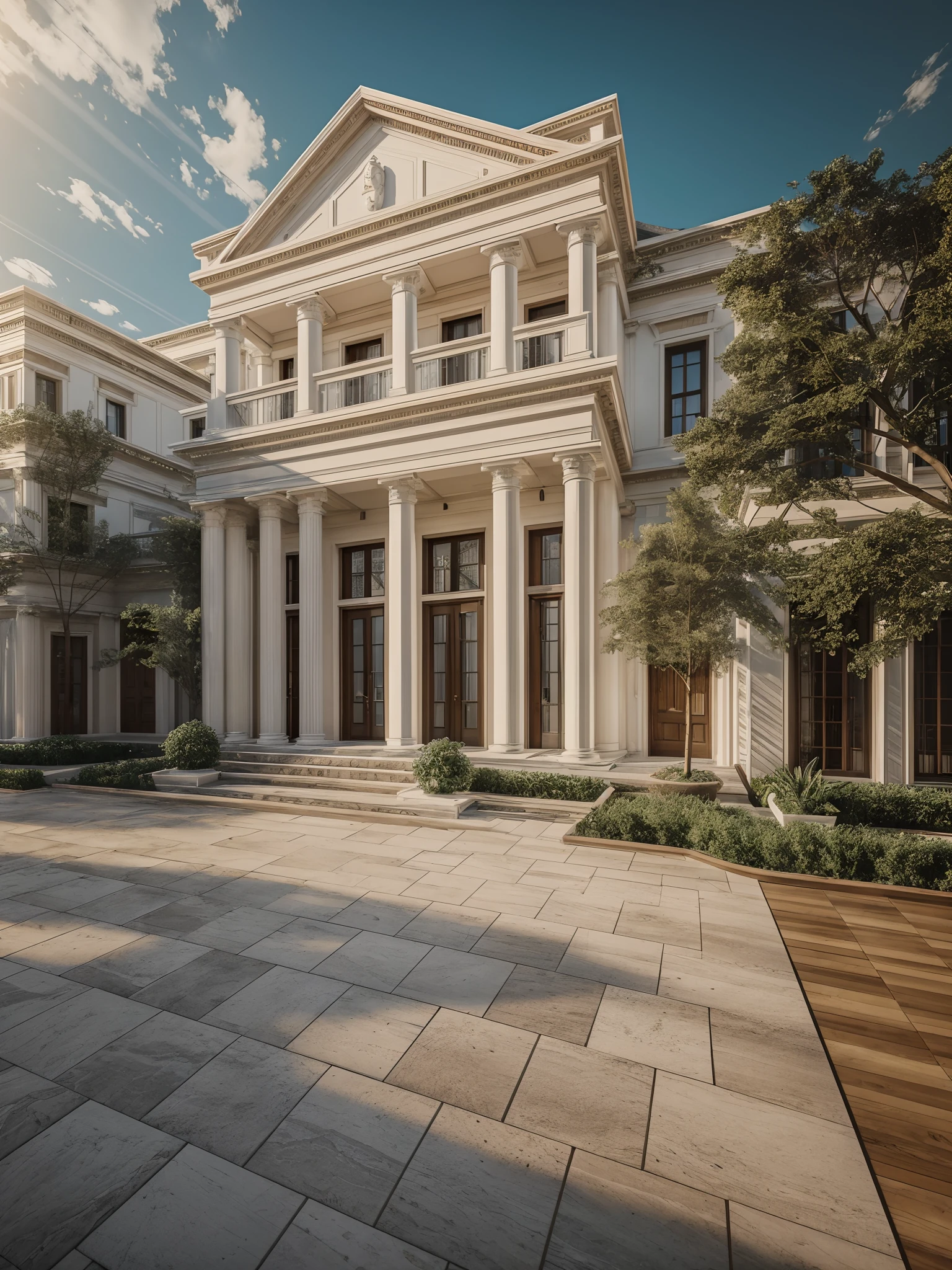 Exterior, house, luxury, neoclassical architecture, many columns, many molding details, many reliefs, European, artistic iron railings, wooden doors, reflective glass material, white wall paint, Stone wall, wooden ceiling, in the city, crowded street, many cars, many people, many trees, dawn, cloudy sky, column lighting, 8k, vray rendering