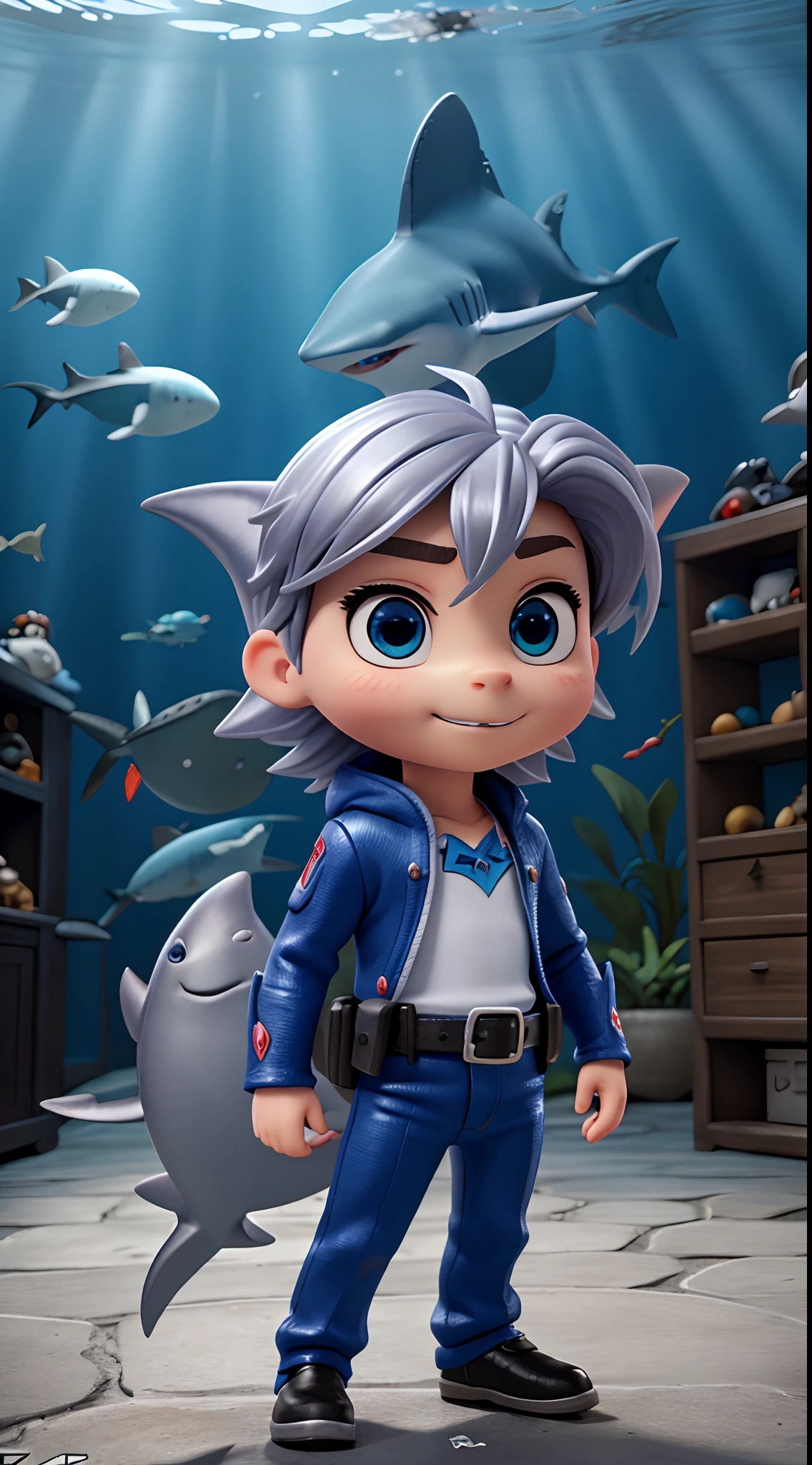 He's one of them、silber hair、Shark costume、tchibi、Mega Mini、Blue eyes、Big eyes、Has a small、Toy Guns、