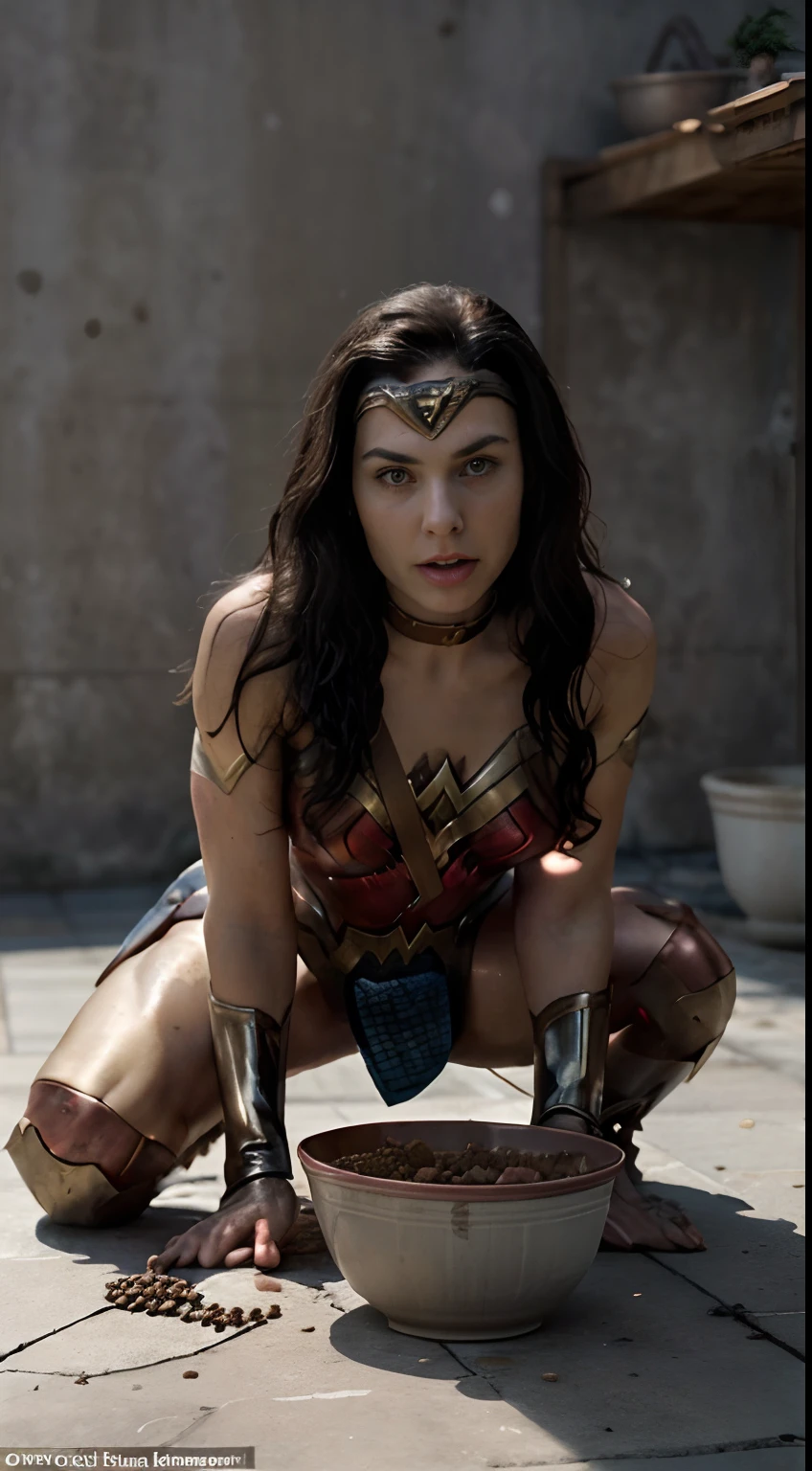 Wonder Woman in a state of servitude, sitting on all fours like a pet with collar and chain on her neck. Wonder Woman should be depicted with her hands tied behind her back and her legs tied together, with a collar around her neck. Her facial expression can convey a sense of shame, as she is forced to crawl on the ground like an animal. The image should have a dark and degrading tone, with Wonder Woman's situation being bleak and humiliating. wet body, (man in the background:1.3), (a bowl of dog food in front of her:1.4)