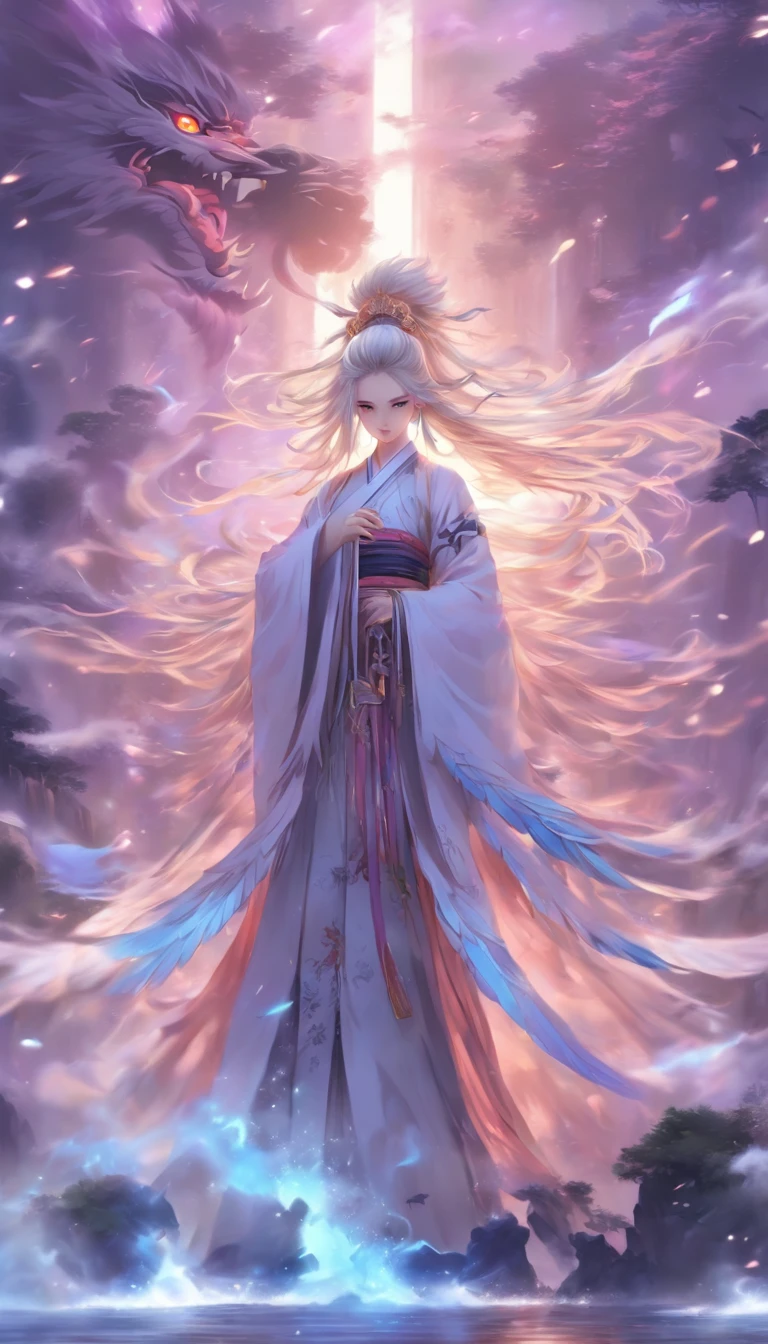 China style,中景 the scene is,The Taoist priest stood in front of a huge transparent Chinese sword,angel girl, Girl vs,full body Esbian,White color hair, Ancient white clothes, Devilish white tail,There are hairs at the ends,,,,, white skinned, big white wings,A lot of feathers floating、angelicales、reaching out her hands,Long messy hair,Glow effect,Hyper-realistic,Ultra photo realsisim,Chinese black and white ink style,purple,Decolorization,Smudge,Inky,8K,super-fine,high qulity,OC renderer