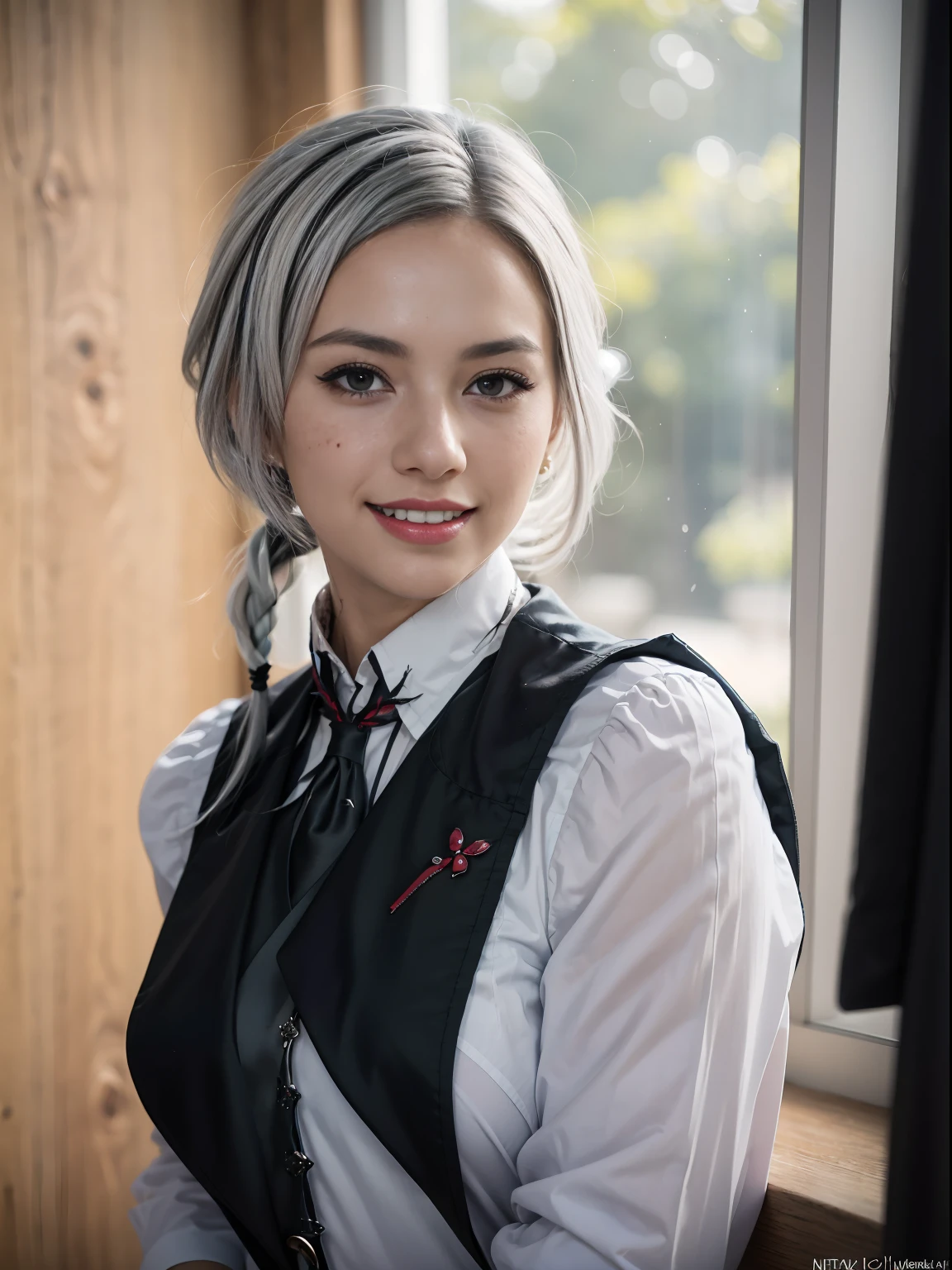 28 years old, gorgeous cute  African girl, grin, freckles, there is a woman with a red tie and a vest, anime girl cosplay, anime girl in real life, a hyperrealistic schoolgirl, cosplay, silver hair (ponytail), anime cosplay, perfect white haired girl, hyperrealistic schoolgirl, school girl in gothic dress, anna nikonova aka newmilky, androgynous vampire, girl silver hair, yoko taro, ( black skinned woman), sweating, good young girl, (masterpiece:1.0),(best_quality:1.0), ultra high res,4K,ultra-detailed, photography, 8K, HDR, highres, absurdres:1.2, Kodak portra 400, blurry background, bokeh, lens flare, (vibrant_color:1.2),professional photograph,(the_tattoo:1.4),(Beautiful,large_Breasts), (beautiful_face:1.5),(narrow_waist),