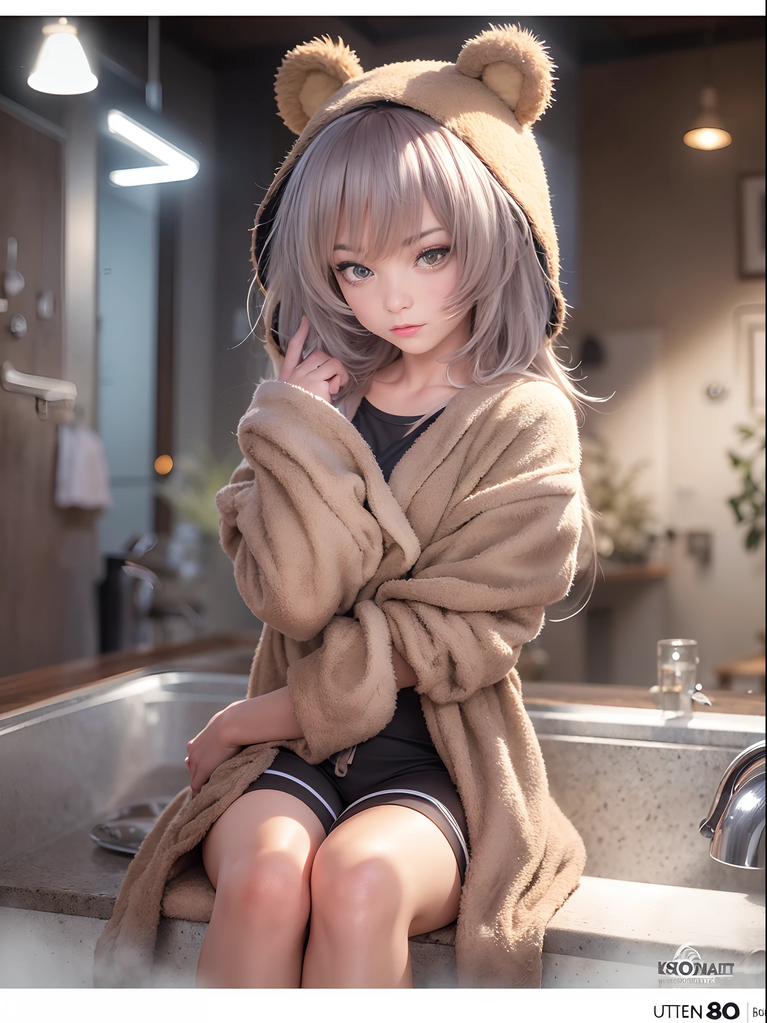 best quality, ultra detailed, extremely detailed, realistic, (masterpiece:1.1), (realistic:1.5), photorealistic, octane render, (4k, 8k), (hyperrealistic:1.2), (photorealistic face:1.2), (Best Quality), extremely detailed, intricate, hyper detailed, (eyes detailed, finger detailed:1.2), looking at viewer, (short hair, hair down, bangs, hair between eyes, brown hair), (night, in house, bear hat, bathrobe:1.3), (1girl, solo, alone, medium breasts, athletic body, 2legs, sit, black eyes:1.4)