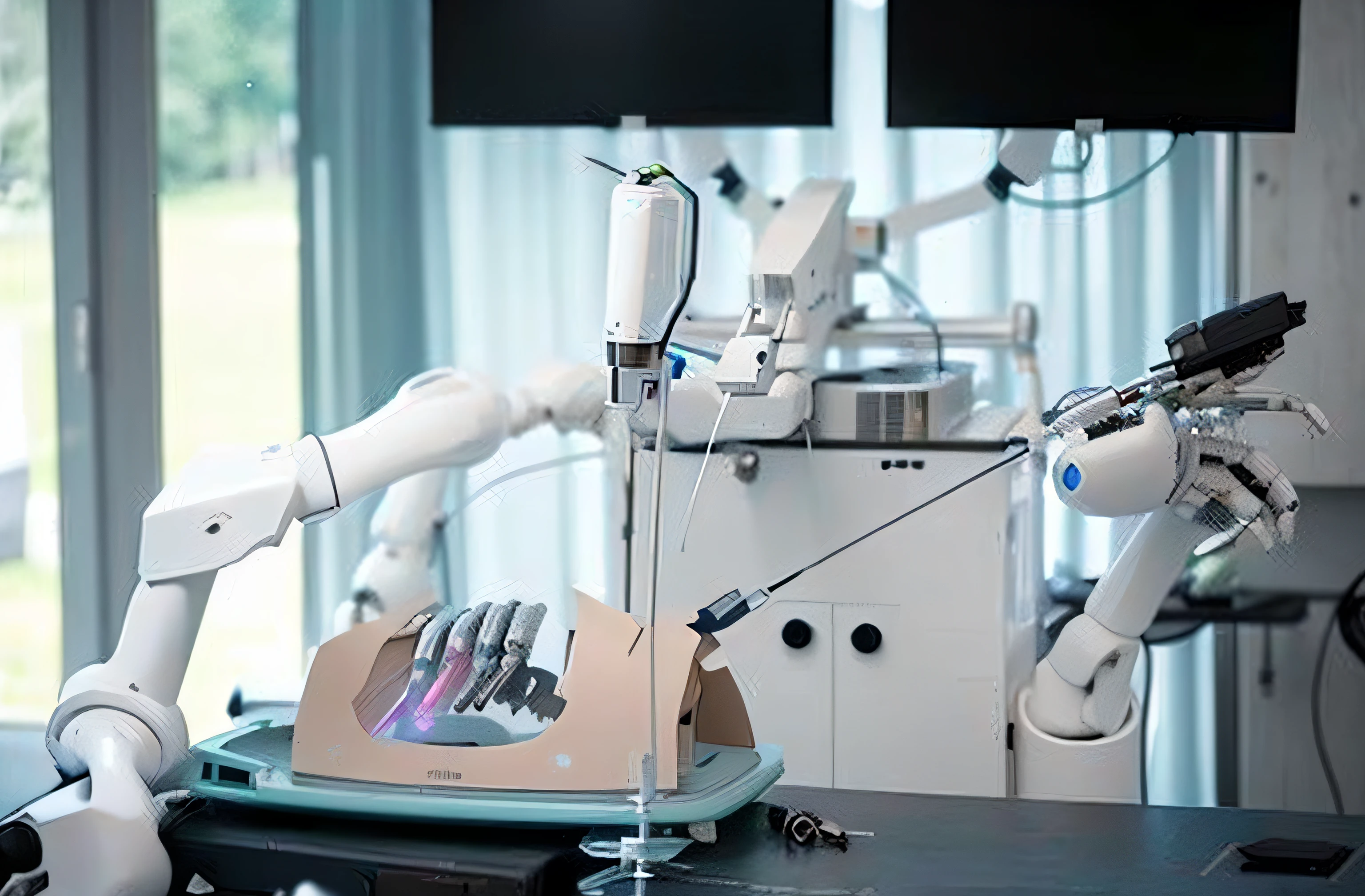 There is a robot sitting on a table with a knife, Part of the robot body, with robotic arms, robotic left arm, extended robotic arms, the robot wearing the bone crown, surgical equipment, machine arm, cyber augmentation implant, surgical gear, bionic implants, on an operating table, Surgery, brain surgery, robotic limb, Robotic arm, cyber implants