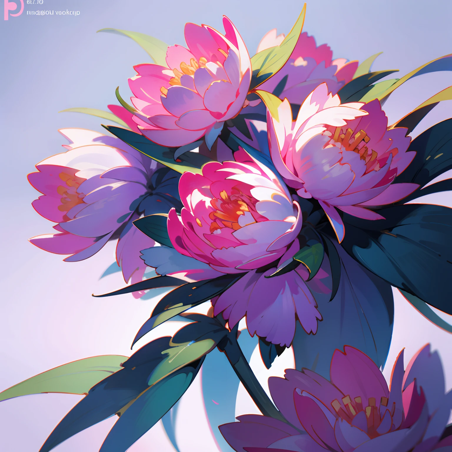 Many peony flowers are pink and purple, Blue background, Highly detailed, Hyper-realistic, 。.3D, rendering by octane, Bright colors, Digital painting, Trend at Artstation, Sharp focus,