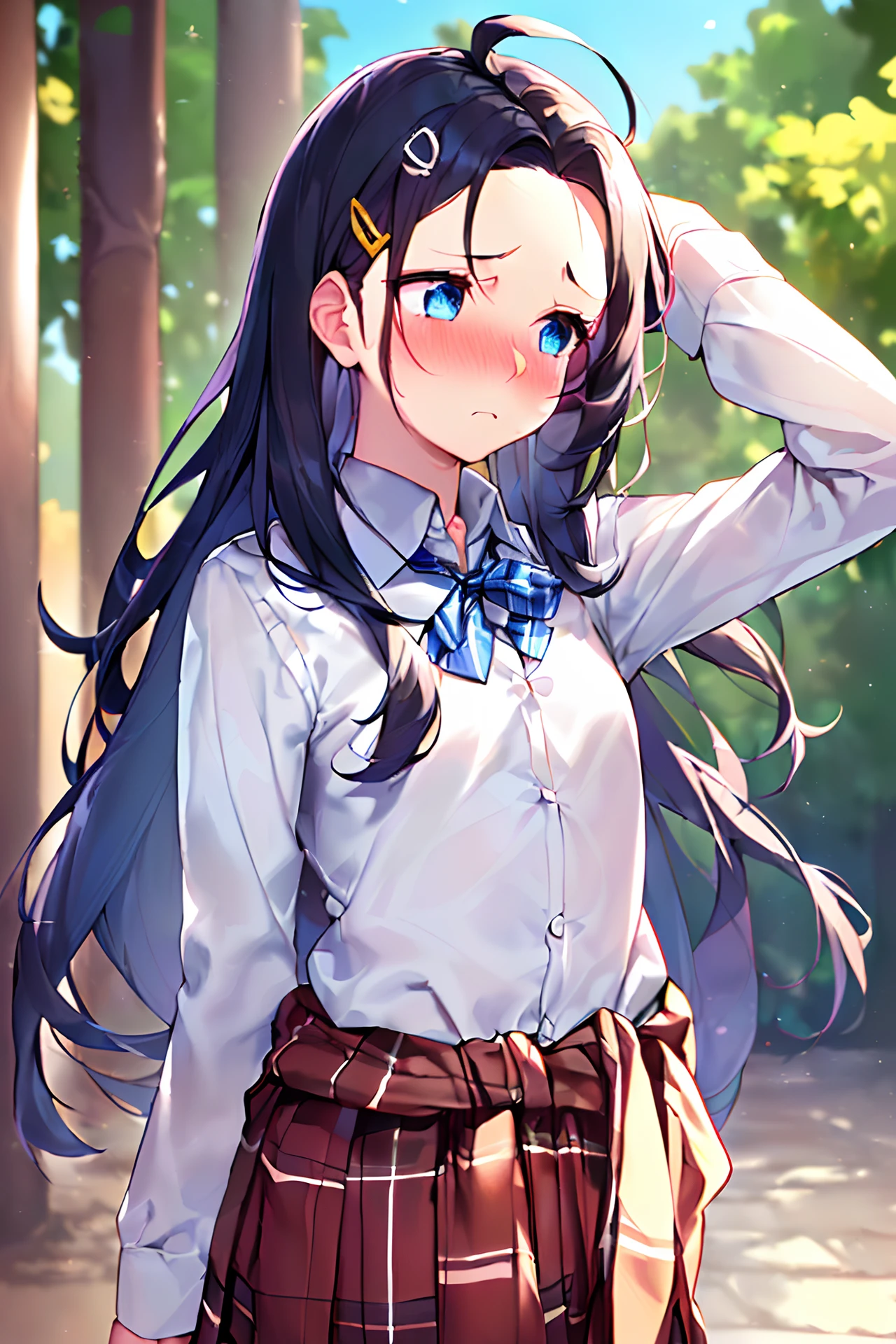 (((masterpiece))), (((Best Quality))), (((High quality))), (((Beautiful))), (((8K))), (((hight resolution))), (((absurderes))), (((Exquisite))), (((Ultra high definition))), (((High resolution))), (right arm behind head:1.4), (1girl), (Gamine:1.5), (Little Girl:1.4), (Dark blue straight long hair:1.3), (Very long sideburns of dark blue color), (Super long and thick sideburns of dark blue color:1.4), (full open forehead:1.4), (forehead:1.4), (forehead:1.4), (Ahoge:1.2), (Small blue eyes:1.1), (A little sagging eyes:1.3), (Super thick sideburns and super long sideburns:1.1), (Super long and thick sideburns:1.1), (Simple Hair Clip:1.4), (Extra Ultra Flat Chest:1.2), (extremely small breasts:1.2), (nose blush:1.4), (Cowboy Shot:1.4), (Walk along the paths of the park:1.4), ((((right arm behind head)))), (School uniform:1.30), (Plain beige clothing around the waist:1.5), (Knot at the waist:1.3), (white collared shirts:1.4), ((White collar, Unbutton, Long sleeve):1.2), (red plaid pleated skirt:1.31, (looking away:1.4)