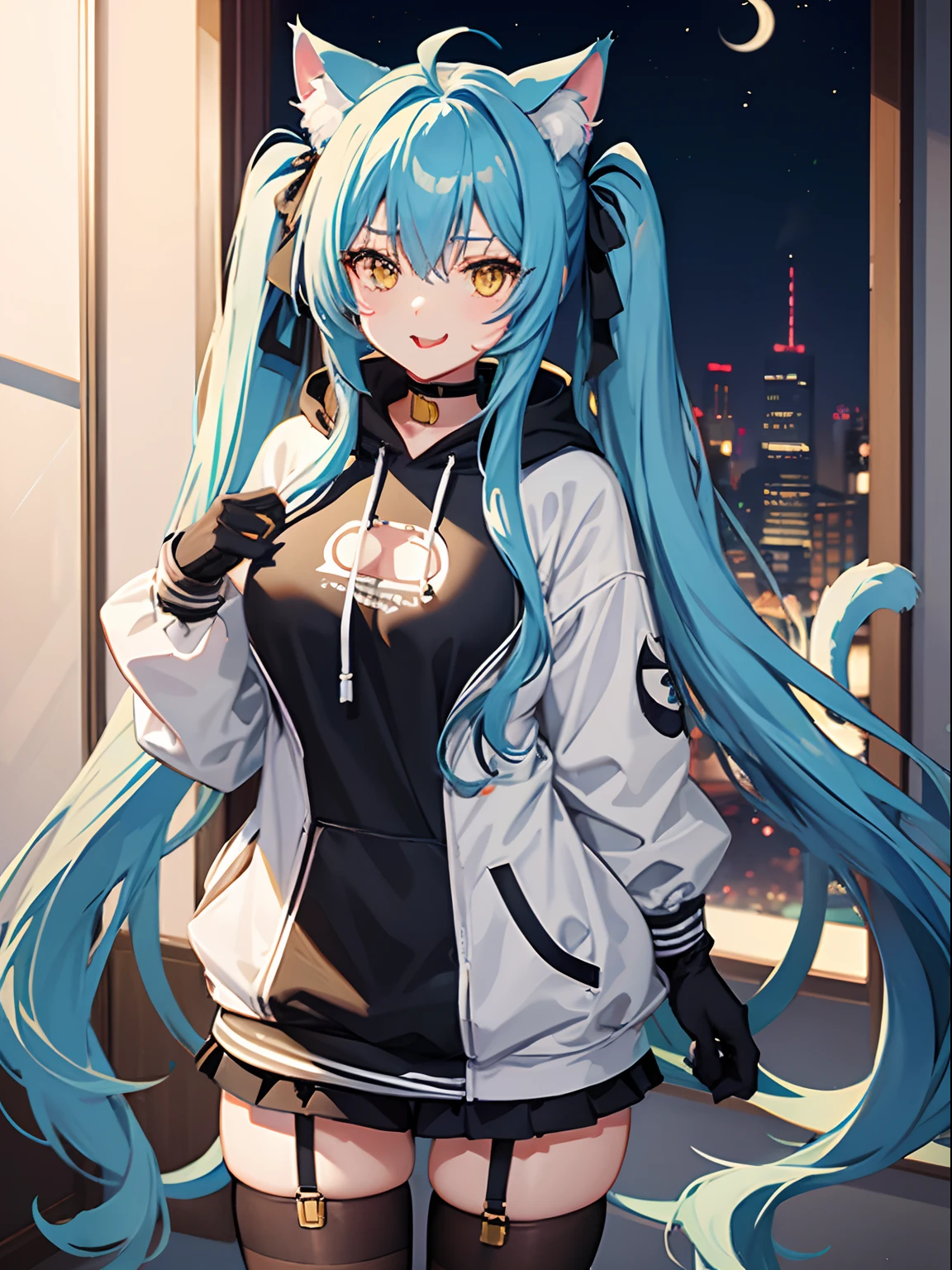 Long Hair, Twintail, Light Blue Hair, Yellow Eyes, Cat Ears, Cat Tail, Big Boobs, Wearing Hoodie, Long Stocking, Nighttime, Wearing Black Gloves, Inside a house, Stick out the tongue