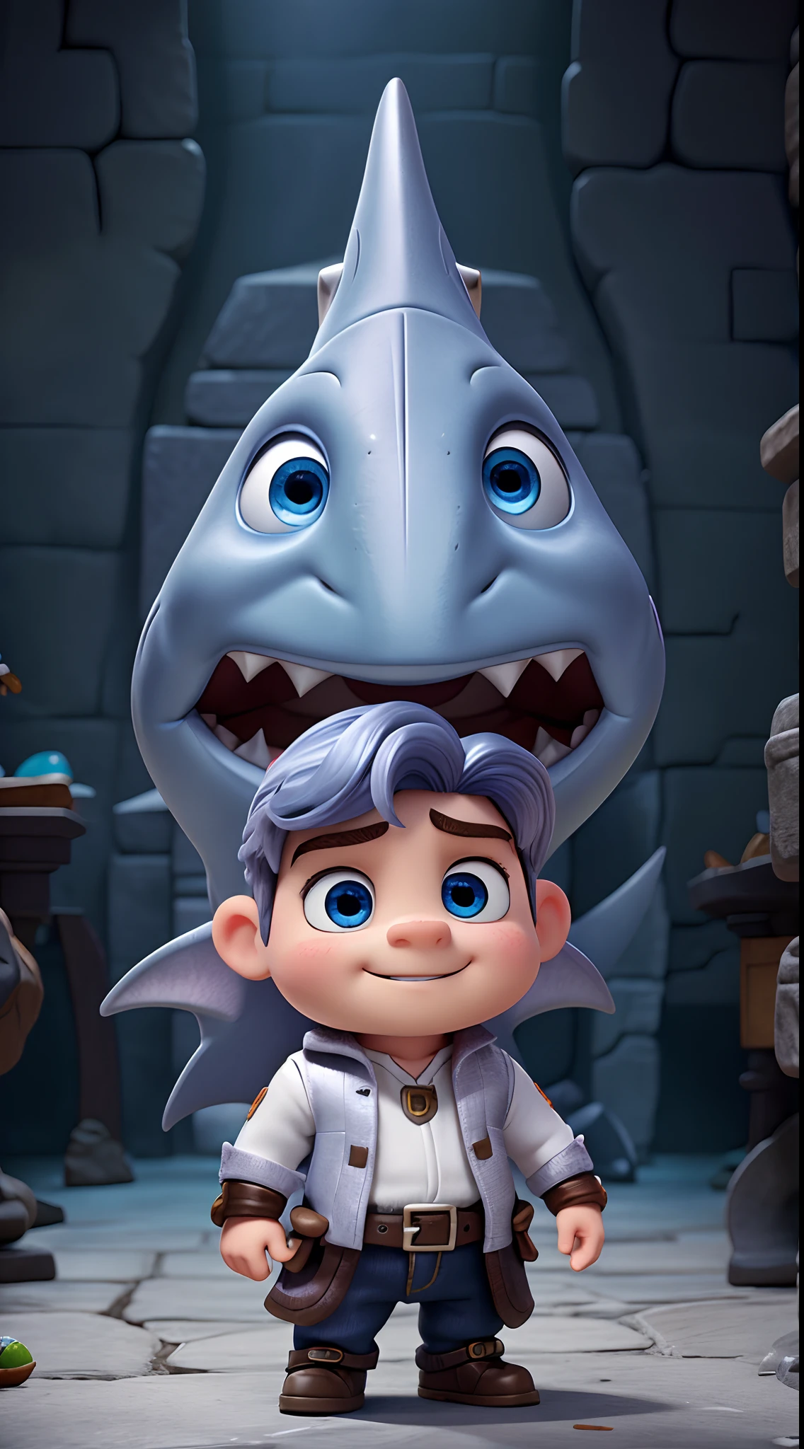 He is one dwarf、silber hair、Shark costume、tchibi、Mega Mini、Blue eyes、Big eyes、Has a small、Toy Guns、