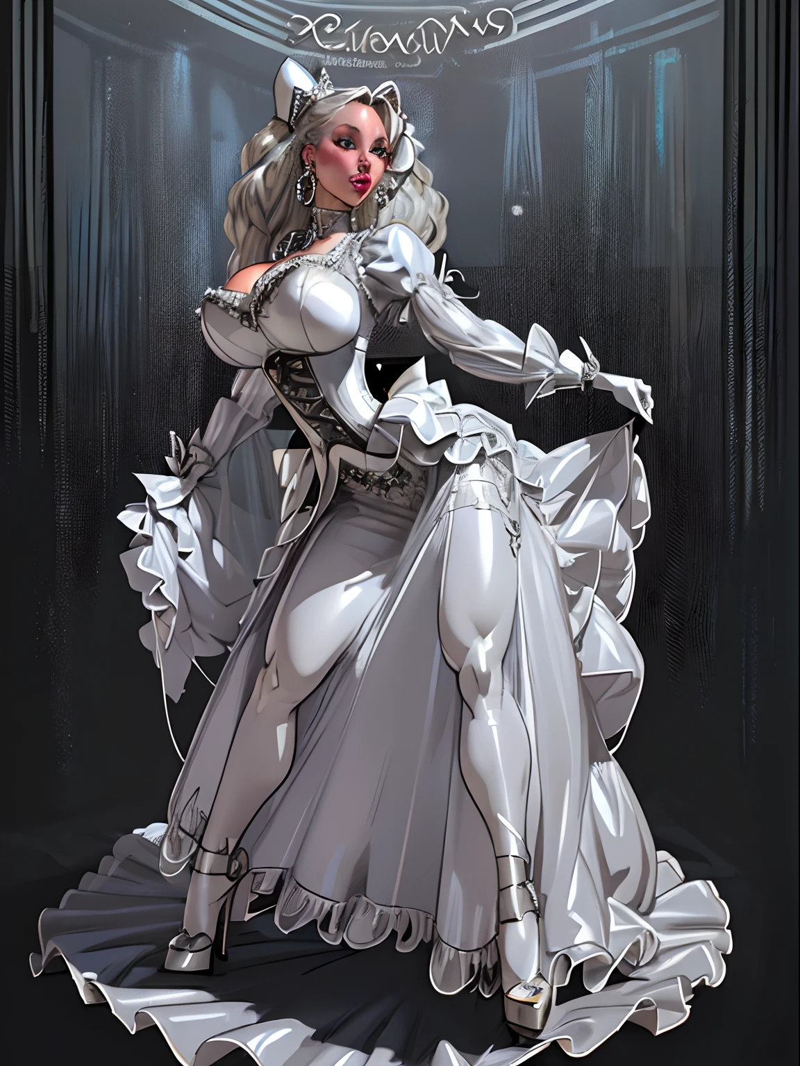 ((Cyberpunk background:1.1) John Tenniel art, frustrated Ariana Grande, (pale skin:1.4) silver hair, curls, wearing a stately and elaborate trixie ballgown of silver satin and silver adorned with large satin, silver futuristic ballroom gown, cybernetic mech enhancements , (((huge silver ribbon bows))), silver rosebuds, silver embroidery and jewels, (gigantic breasts:1.3) with (((enormous sulver puffed sleeves))), an hourglass waist, and a (((flat crinoline silver hoopskirt))), (((bustle))), long silver gloves, adorned with intricate metallic details, pearl and diamond necklace and earrings, large elaborately curled and styled hair