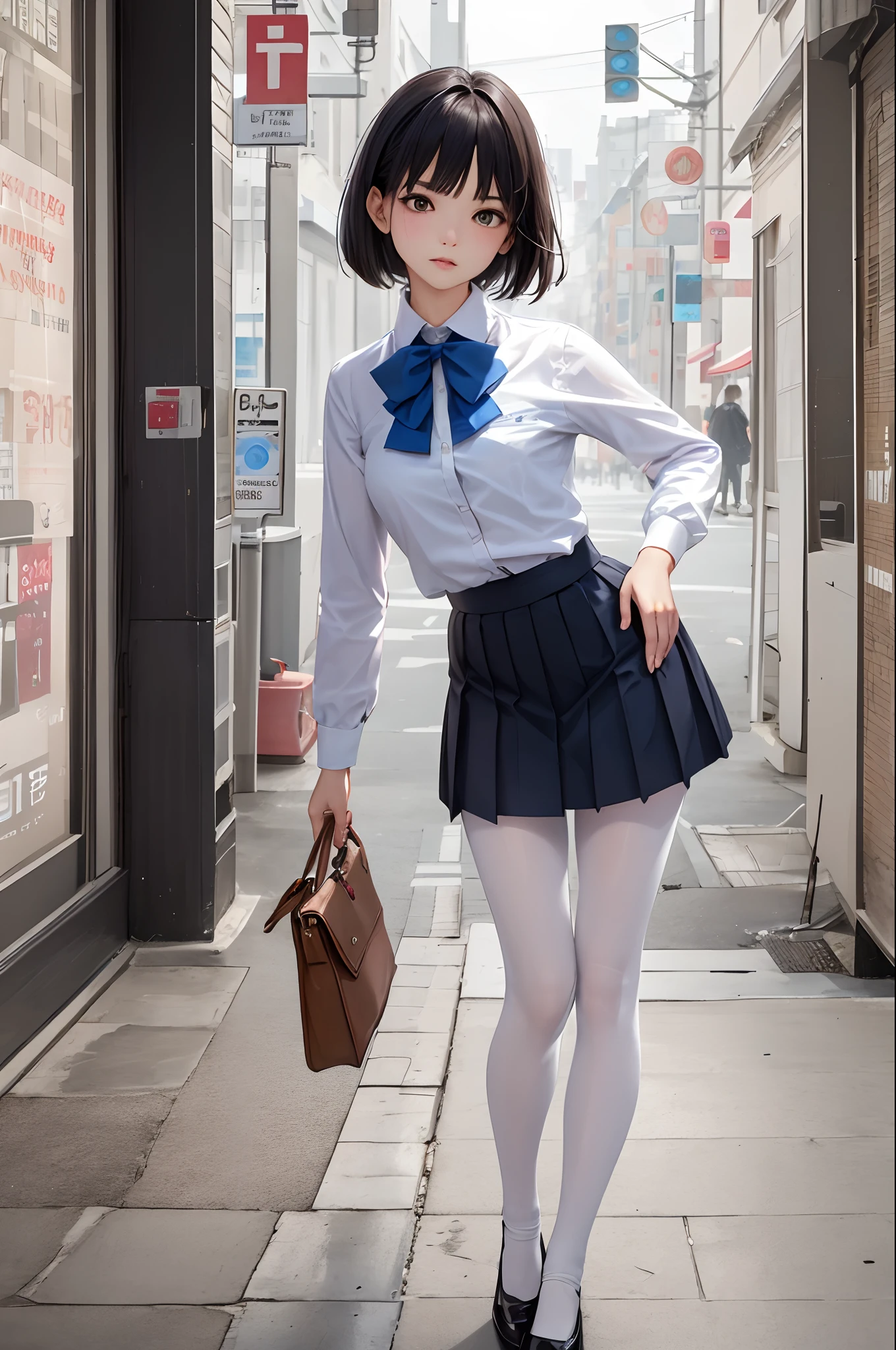 hight resolution、high-level image quality、in 8K、Real live-action、Raw photography、top-quality、masterpiece、masutepiece、Erotic、Pupils、White bra,de pele branca,kne、(Flesh-colored pantyhose)、Detailed panty patterns、panties focus、White panties made of lace material、absurderes,a small face、huge-breasted、Parting the bangs from the middle、Forehead visible,(a cold expression<Tight eyes,glares,Bullish,Thin anger)、masterpiece,top-quality、超A high resolution,Raw photo,ren,Beautiful fece,One Person, 独奏,Dark look,Small breasts,fullllbody、Very nice、JK school uniform,hi-school girl,A Japanese Lady,is standing,（Photorealsitic：1.37）、Photon mapping,Light blue ribbon,Realistic、Cute little face,Brown-eyed、18year old、(Red bow tie)、Radio City、Physically Based Rendering、Foreground、depth of fields、Blurry background、a picture,The girls、Body,beauty legs, Long legs, Thin leg,Long bob cut,(Bangs are visible), hair, s lips, Blue_The eye, nosesoft,(White shirt with open chest), (Navy pleated skirt), Knees are visible,Sheer clothing, Thigh, Nogizaka Idol, 女優, Japanese ido、Sparkling eyes、shiny lip、Off camera hand grabbing her ass