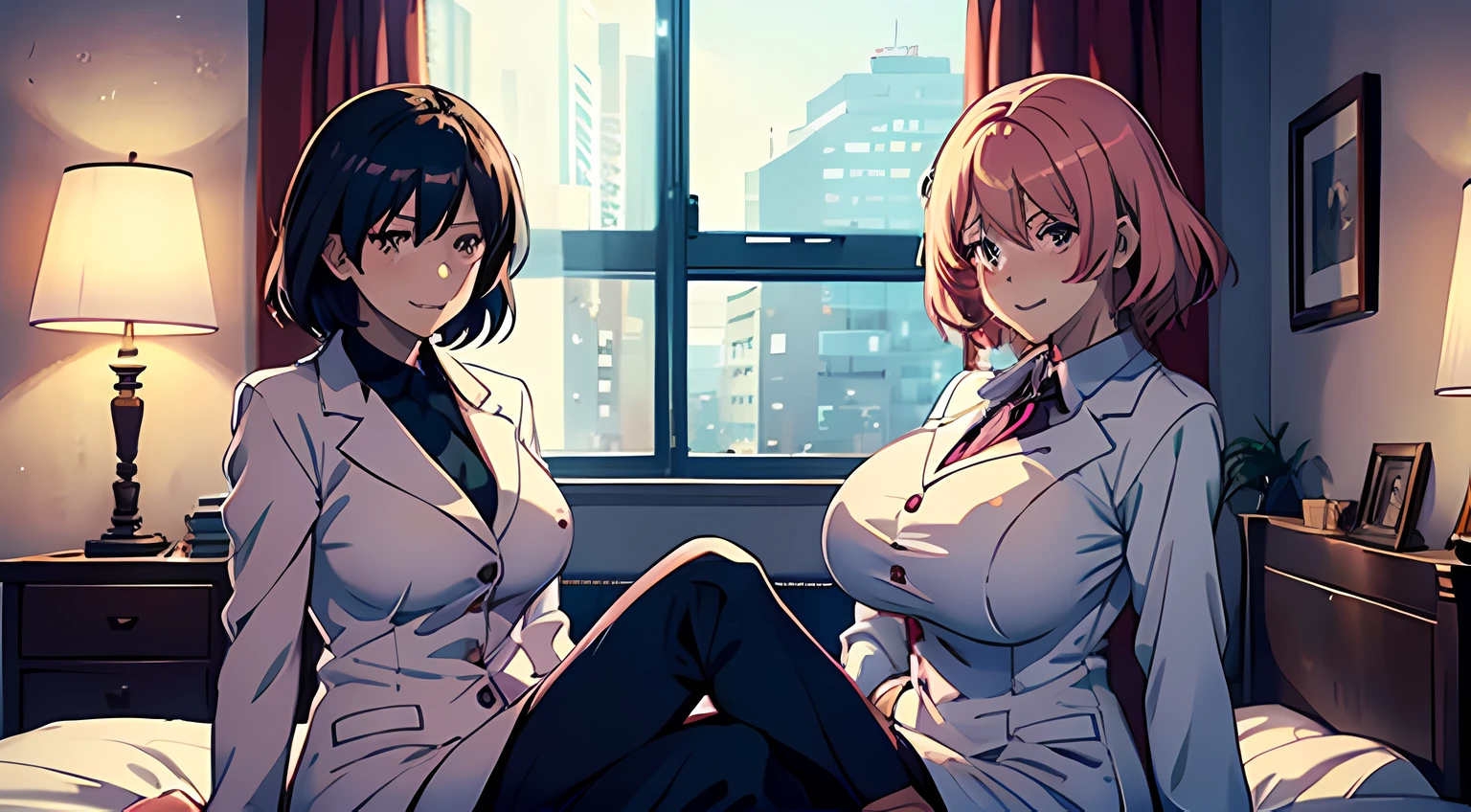 two woman, one of then is a doctor and the other is a salary woman, smiling, blush on their face, big breast, sitting on the bed, looking at the camera, fullbody, bedroom, dramatic lighting, ufotable artsyle animation