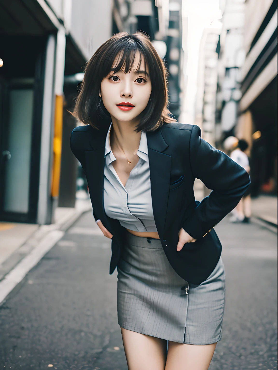 (top-quality、8K、masterpiece:1.2), (Cute Japan Beautiful Girl、18year old:1.4)、(Neat and beautiful face、the golden ratio:1.5)、 (Very fine eye definition, Symmetrical eyes:1.3), (Brown eyes, Parted bangs, Lustrous black hair:1.2)、(Perfect body without contradiction、Perfect limbs without contradiction:1.7)、(shinny skin:1.2)、(Beautiful large breast:1.6)、(Constricted waist:1.5)、(Gray tight business suit、White collared shirt、Gray tight mini skirt:1.3) 、pumps、(bending forward、sexypose:1.4)、(Looking at the camera:1.3)、(Empty alleys in an empty office district:1.2)、the wind、optic、blurry backround