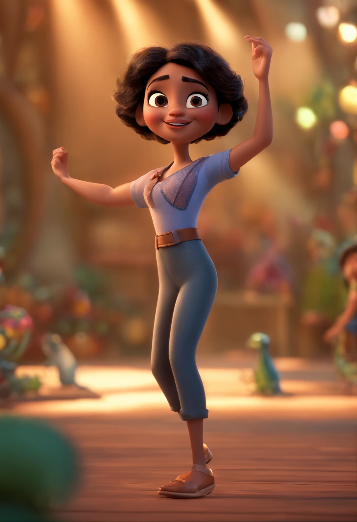 Pixar style image with 3D character glasses black brunette woman short straight hair dancing, Maquiagem Disney,Pescador, bonitinho, sorridente ,Close-up, Pixar, Disney, Cinema lighting,
