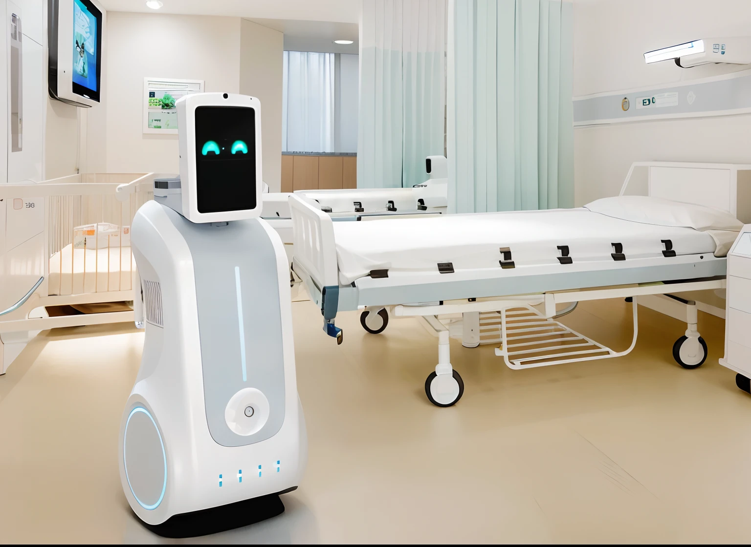 There is a robot standing in a hospital room, service robots, diaper disposal robot, security robots delivery, friendly humanoid robot, friendly robot, humanoid robots, friendly humanoid cyber robot, robot with human face, digital medical equipment, sleek robot, robot, droid, Biometric humanoid robot, adorable friendly robot, humanoid robots, The future
