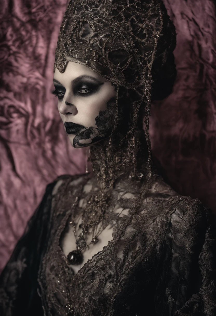 Photographic still of an Islamic princess, translucent skin,veins showing beneath it's skin, dark, onimous, extremely gorgeous, cats eye, pale pinkinsh skin, bloodlust, Ottoman Empire Era, forbidden Beauty