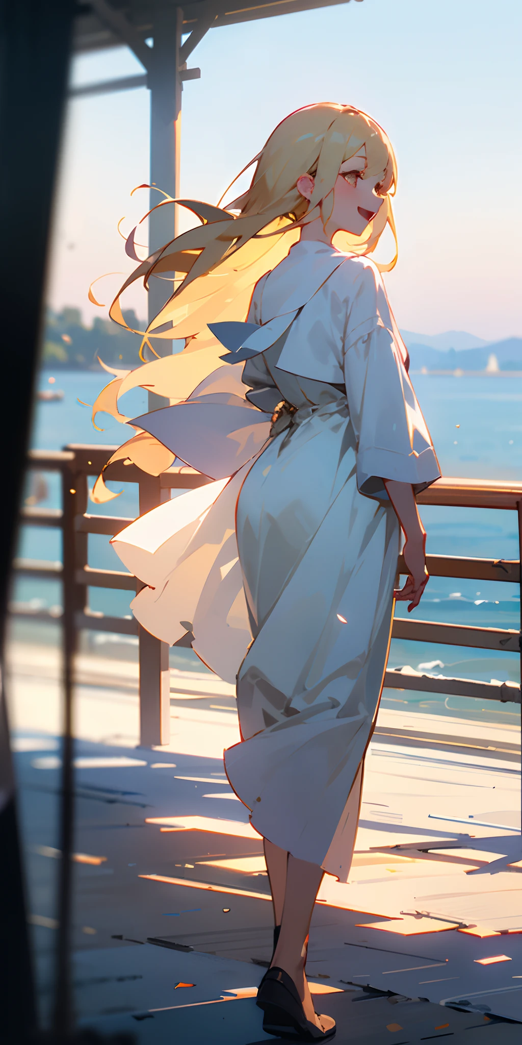 (masterpiece、top-quality)、Dressed in white clothes、Long blonde girl walking by the seaside on a sunny day、Its existence is、Beautify the entire space、a person々Bringing joy and excitement to。Warm lighting、Blurred foreground