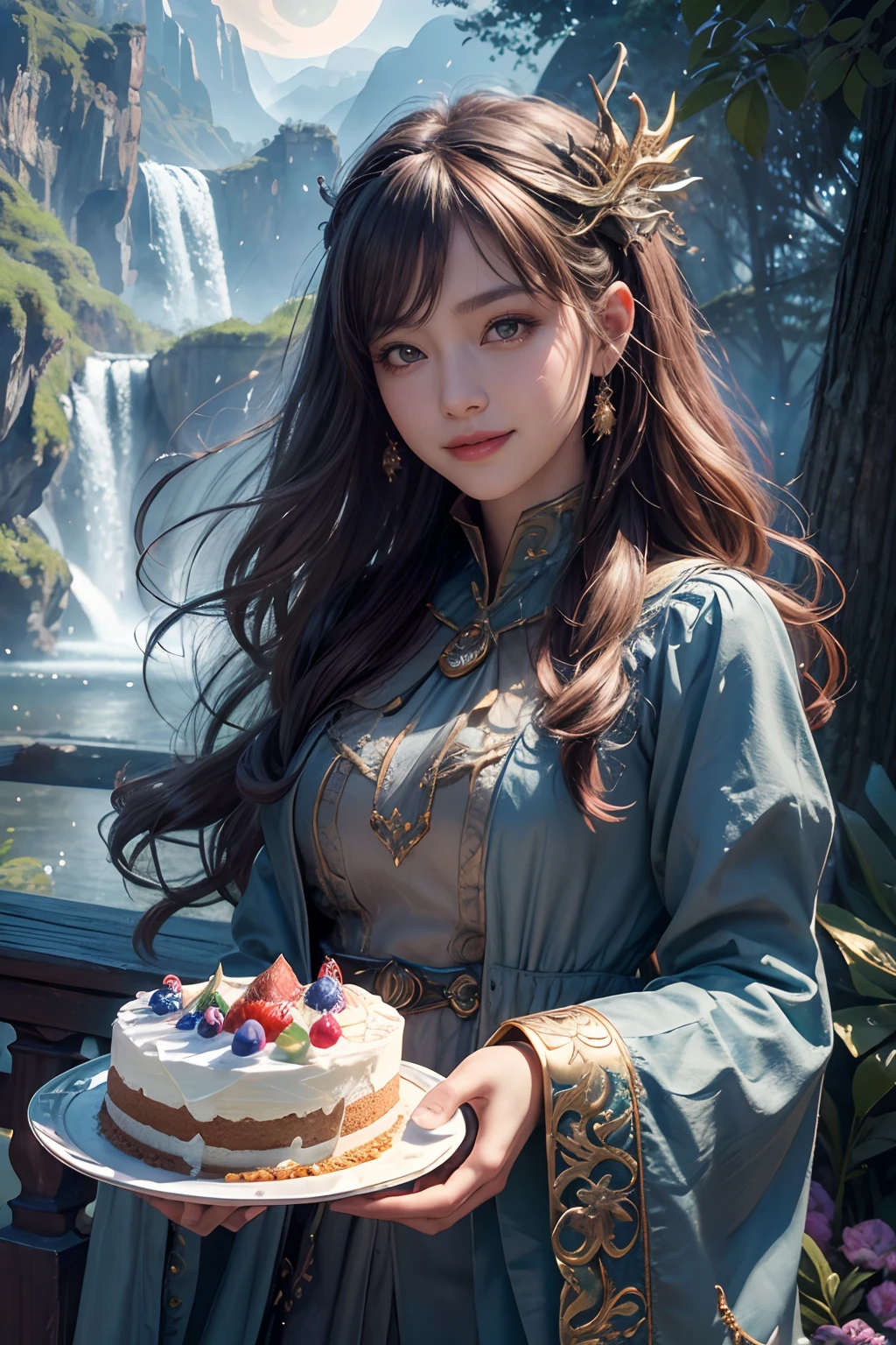Best quality, 4k wallpaper, Masterpiece, Extremely detailed Cg Unity 8K wallpaper, Extremely detailed eyes, Ultra-detailed, 1girll, Smile, holding a cake, happy birthay, fantasy, Dragon,Intricate details, fantasy, potrait, Forest of Myths, Magic palace,natta, Cloudy sky, full moon, planetes, Rainbow, Outdoors,