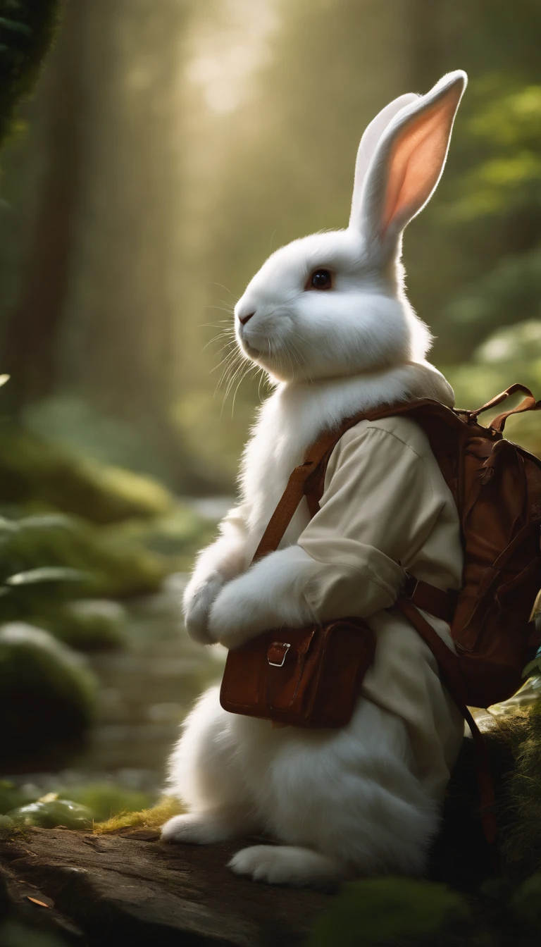Classic negative portrait photo, fantasy video game character concept art, a cute white fluffy rabbit with a small brown leather backpack looking at a map hiking through the forest, dungeons and dragons, fantasy, river, haze, halo, Bloom, dramatic atmosphere, dark fantasy film of the 1970s, centered, rule of thirds