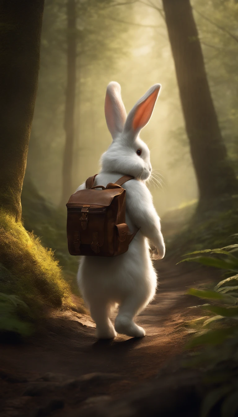 Classic negative portrait photo, fantasy video game character concept art, a cute white fluffy rabbit with a small brown leather backpack looking at a map hiking through the forest, dungeons and dragons, fantasy, river, haze, halo, Bloom, dramatic atmosphere, dark fantasy film of the 1970s, centered, rule of thirds