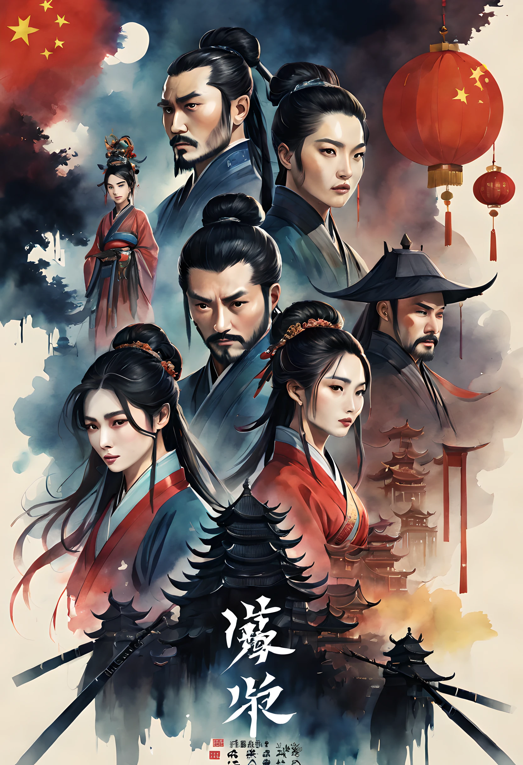 (movie poster style:1.5), (movie poster:1.5), (ink and watercolor painting:1.5), (Tasteful:1.5), (ink and watercolor painting:1.5), (Chinese style:1.5), (full color:1.5), 8k, 4k, (magic:1.5), (dripping paint;1.5), (chiniese movie poster:1.5), （Period Drama Poster:1.3), (three kingdom:1.5), (Three Kingdoms:1.5), (Takeshito:1.5), (war:1.5), (movie title:1.5), (logo:1.5), (text:1.5),