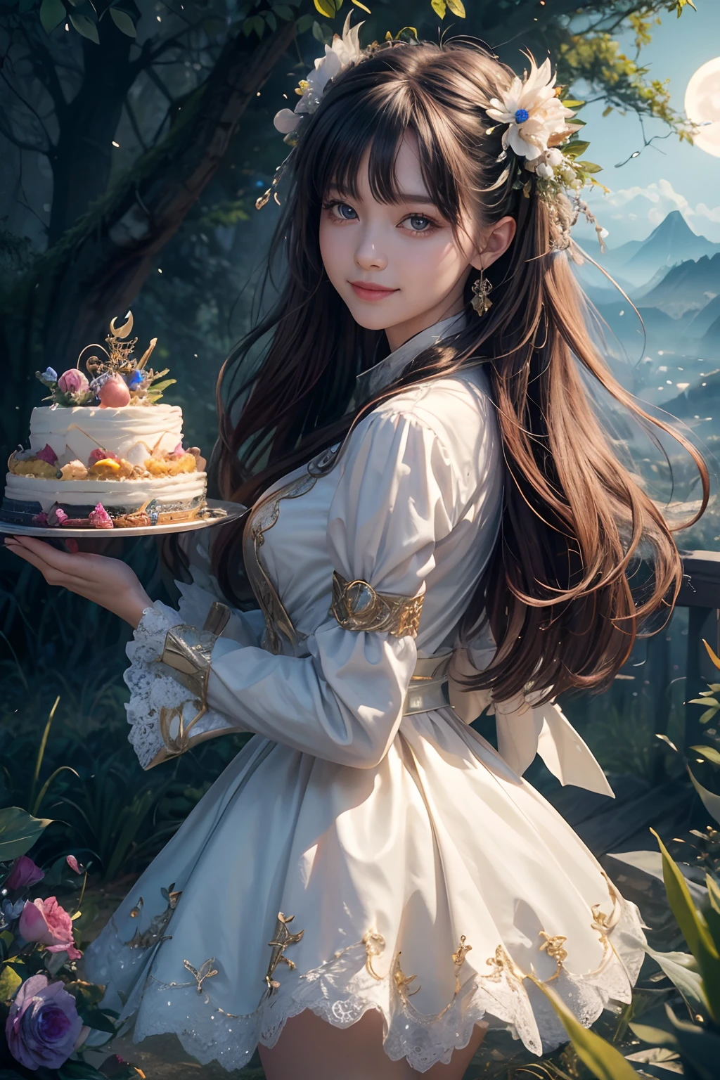 Best quality, 4k wallpaper, Masterpiece, Extremely detailed Cg Unity 8K wallpaper, Extremely detailed eyes, Ultra-detailed, 1girll, Smile, holding a cake, happy birthay,  fantasy, Dragon，Intricate details, fantasy, potrait, Forest of Myths, Magic palace，natta, Cloudy sky, full moon, planetes, Rainbow, Outdoors,