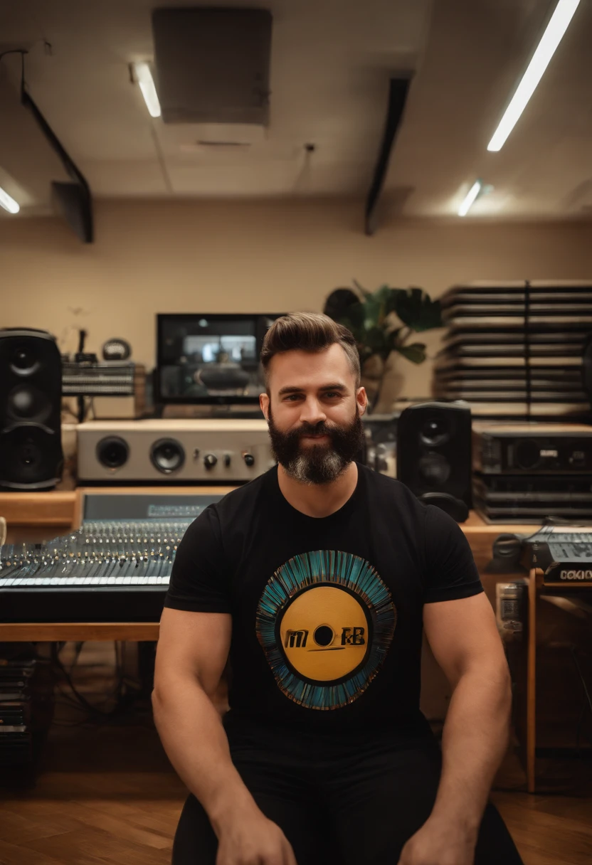 um homem, em breve, barba curta, olhos castanhos, com fones de ouvido, A music studio in the background, discos de vinil, Imagem no estilo Pixar, Estilo de filme animado 3D, Disney, camiseta preta