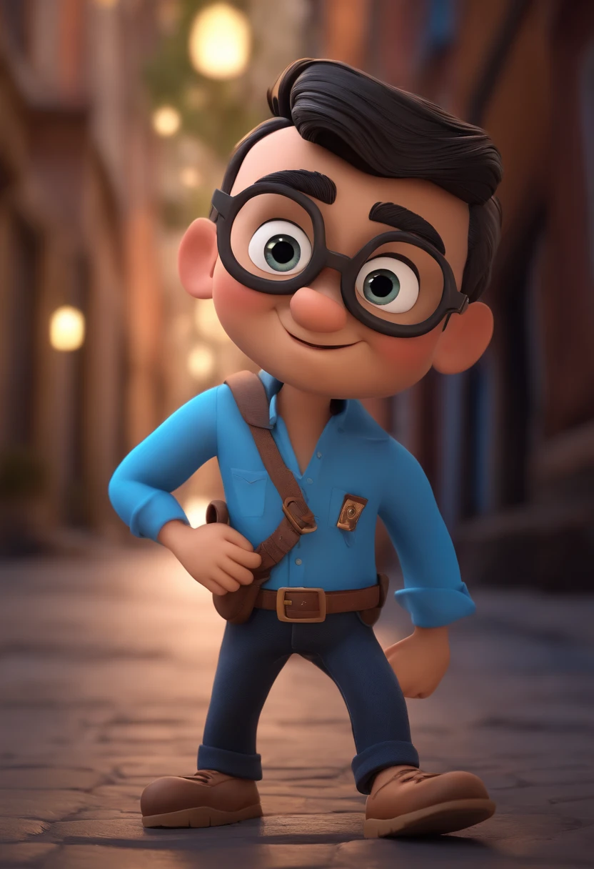 Cartoon character of a man wearing black glasses and a blue shirt, an animated character, stylized character, animation style render, Stylized 3 D, arnold maya render, 3 d render stylized, toon render keyshot, 3d character, 3 d character, stylized 3d render, 3 d character render, cartoon character, close up character, character posing, (Pixar style) (Masterpiece:1.2) (Bokeh) (Best quality) (Detailed skin) (Detailed texture) (8K) (Clay) (Cinematic lighting) (Sharp focus,Sits and leaks the upper body