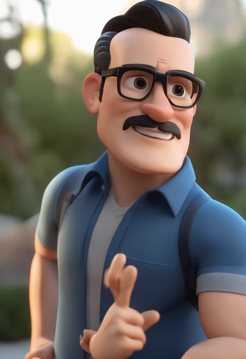 Cartoon character of a man wearing black glasses and a blue shirt, an animated character, stylized character, animation style render, Stylized 3 D, arnold maya render, 3 d render stylized, toon render keyshot, 3d character, 3 d character, stylized 3d render, 3 d character render, cartoon character, close up character, character posing, (Pixar style) (Masterpiece:1.2) (Bokeh) (Best quality) (Detailed skin) (Detailed texture) (8K) (Clay) (Cinematic lighting) (Sharp focus，Sits and leaks the upper body
