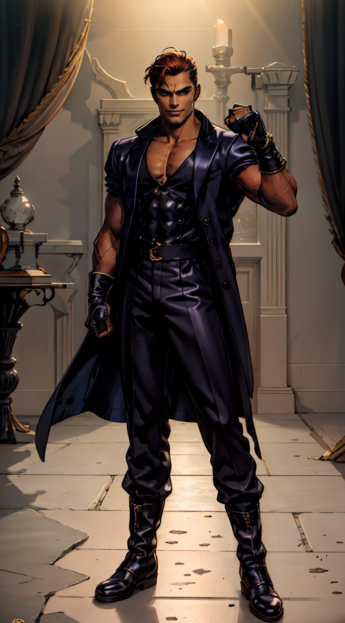 A young man, auburn hair, a center-parted back hairstyle, dark skin, narrow eyes, a cunning smile, a two-piece fantasy-reality style outfit, a white undershirt, a dark formal-style coat, wearing gloves, matching trousers with the outfit, has metallic-adorned knee-high boots, striking a boxing pose, against a background of horizon, this character embodies a finely crafted fantasy-reality style fighter in anime style, characterized by an exquisite and mature manga illustration art style, high definition, best quality, highres, ultra-detailed, ultra-fine painting, extremely delicate, professional, anatomically correct, symmetrical face, extremely detailed eyes and face, high quality eyes, creativity, RAW photo, UHD, 8k, Natural light, cinematic lighting, masterpiece-anatomy-perfect, masterpiece:1.5, tan skin