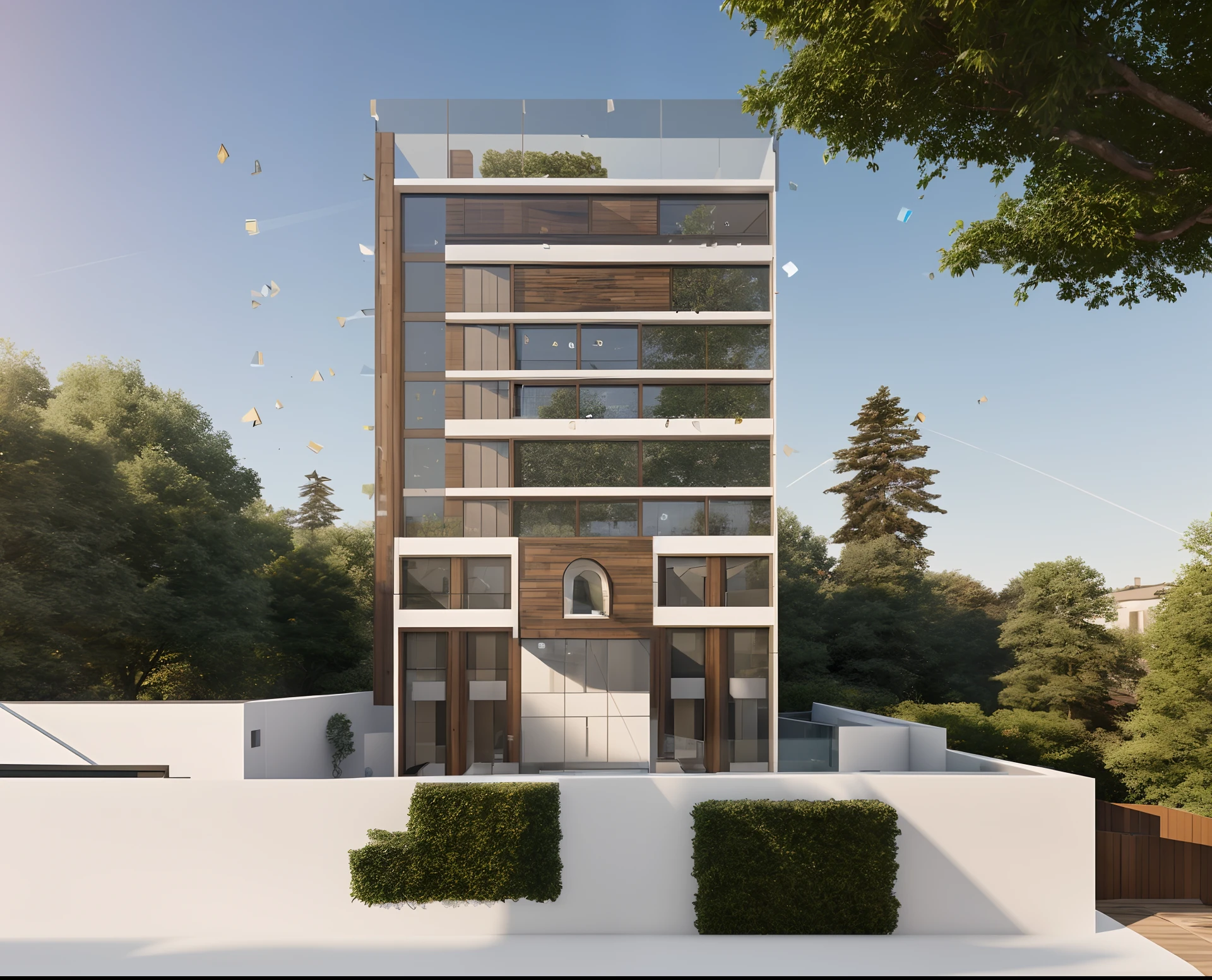 Exterior, house, luxury, modern style, reflective glass material, white wall paint, stone wall, wooden ceiling, in the city, crowded street, many cars, many people, many trees, Trees on the roof, sunrise, empty clouds, 8k, vray images
