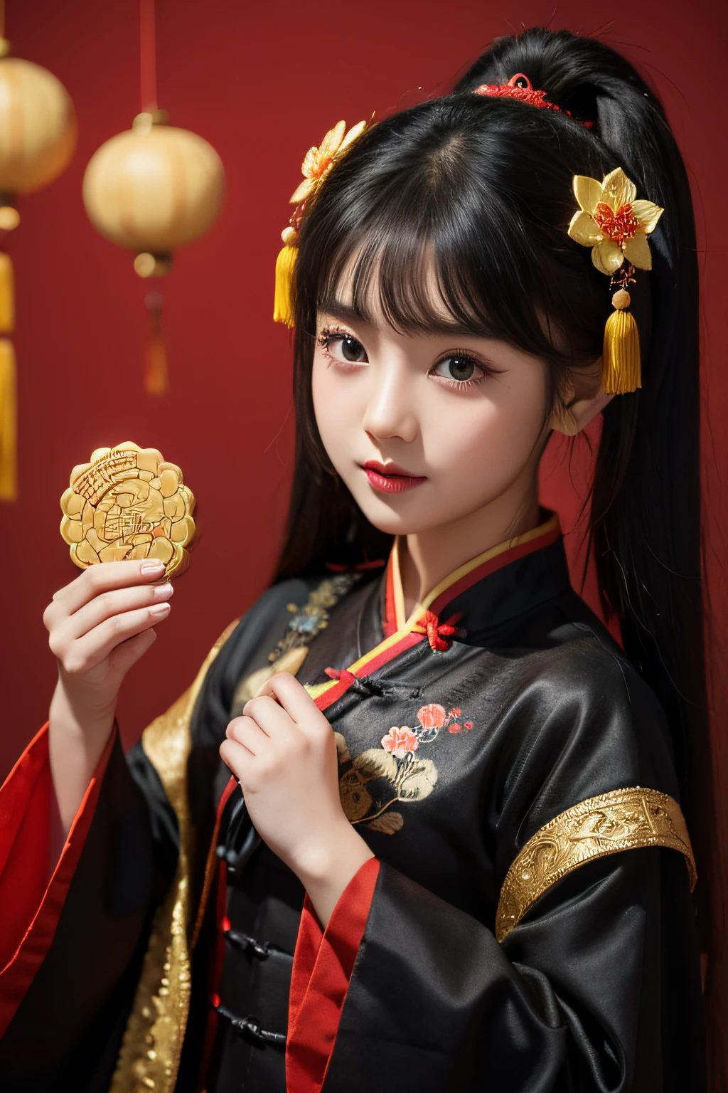 One Little Girl,chinese ancient costume,black color hair,Eat mooncakes
