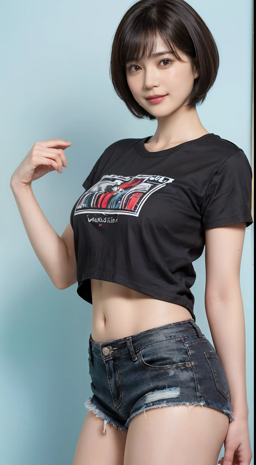 85
(a 20 yo woman,is standing), (A hyper-realistic), (Masterpiece), ((short-hair:1.46)), (Smooth black hair), (breast:1.0), (kindly smile), Wearing shorts, (Wearing a T-shirt with a character design print), (Beautiful skin:1.5)