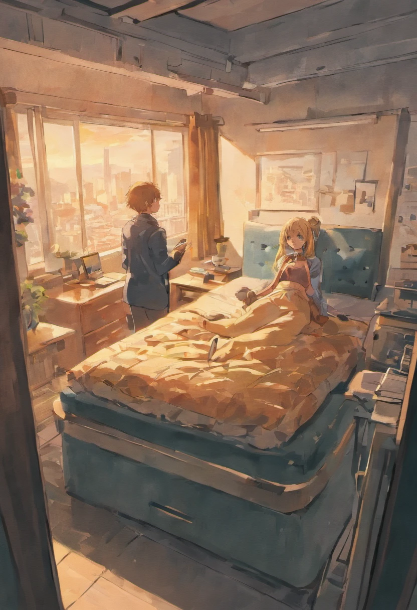 There are two people in a bedroom with floor-to-ceiling windows,Man packing in front of the closet,The woman next to her sat on the bed holding her phone,The text "Reserve a car for standby" is displayed on the mobile phone,A smart car with flashing lights can be seen outside the window