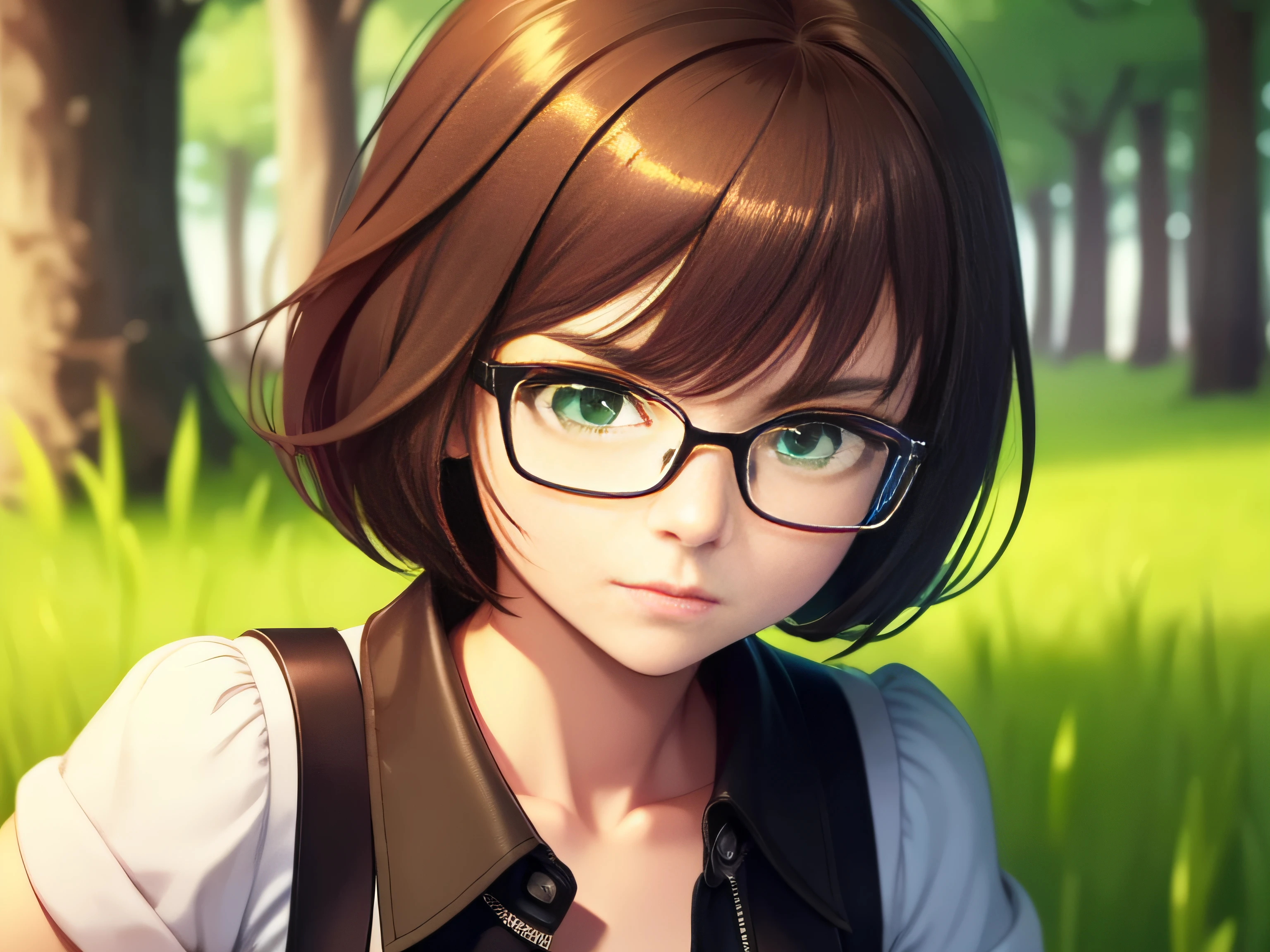 punk girl wearing glasses and a dark shirt, blurred green grass and trees in the background, short brown hair, detailed face, high quality, high resolution