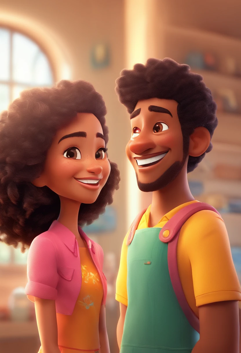 An illustration of an adorable couple, Highlight for a smiling thin mulatto man and a brunette woman with beautiful expressive eyes - the man's skin is mulatto and the man's hair is short gradient model, the woman's skin is black and the woman's hair is curly and brown. They are a bright room, cada um com um sorriso no rosto, e compartilhar um momento especial caracterizado pelo amor, Insights. Illustrate this scene from a perspective where they are facing the camera, Smiling and Showing Your Connection. Desenvolva esta arte em Full HD, Focus on your cinematic touch, Estilo Disney Pixar Animations