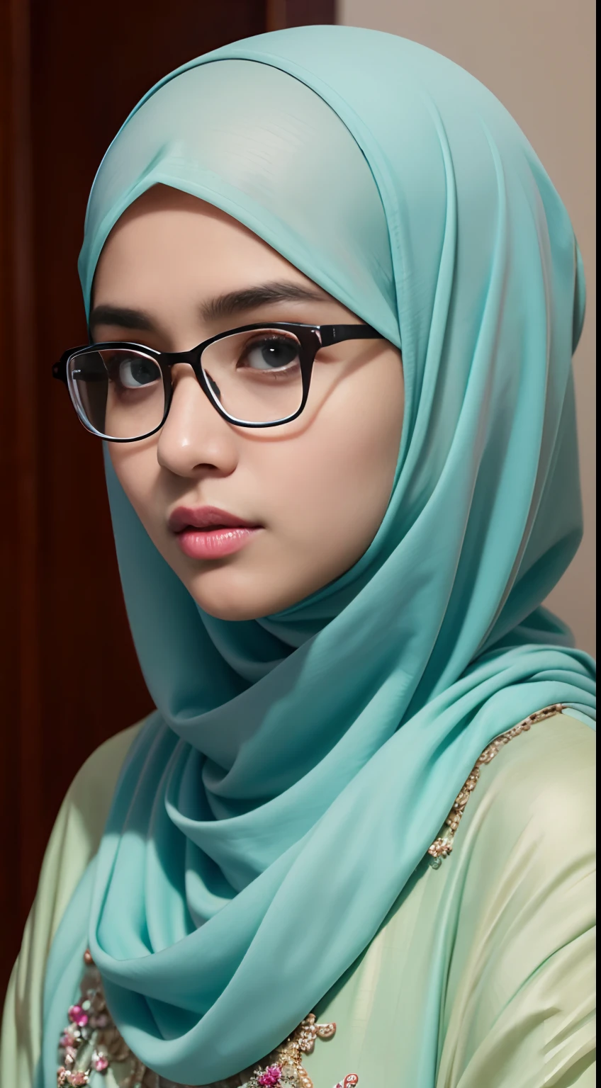 Detailed face of half body photo. 25 year old Indonesian girl with a sweet  face,  big  round face and wear pink hijab, round glasses, wearing a pink sweater with a pink scarf while sitting looking out the window of the house when it rains at night  