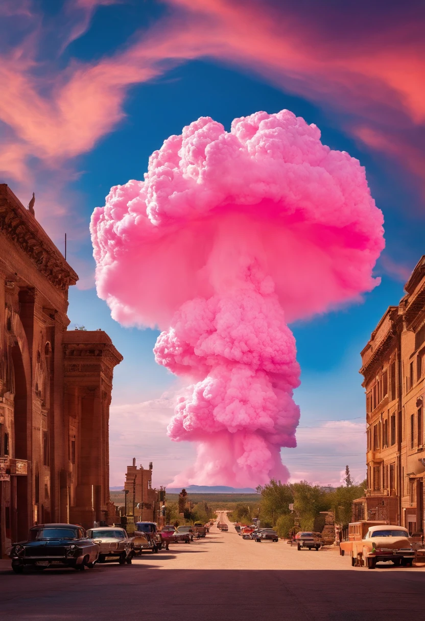 Top image quality,Ultra HD Pictures refer to the best existing visuals for the feel of a hydrogen bomb explosion mushroom cloud picture movie poster(Refer to the former Soviet Union(Tsar Bomba)(Big Ivan)Hydrogen bomb exploding mushroom cloud picture)Huge visually stunning pink candy-colored mushroom clouds on the grand and empty Great Plains,The visuals should be both shocking and sweet。There is no sense of horror,The whole picture seems to be a world of candy,Beautiful pink,The background is the blue color of the South Coast,Extremely beautiful, realistic scenes, grand hydrogen bomb explosion scenes,The brilliant colors are like a fairy tale。The whole is in the style of a movie poster