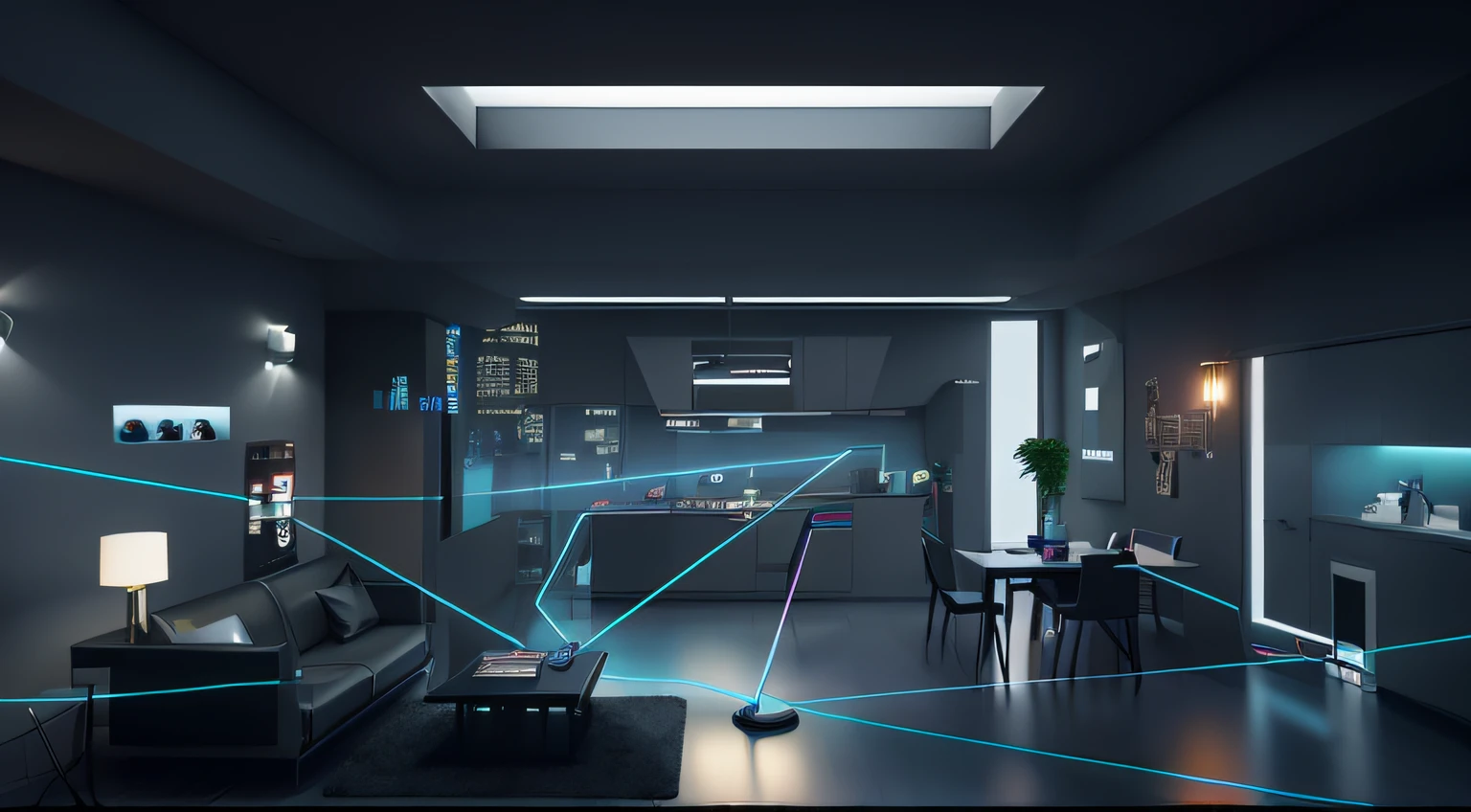 There was a room with a sofa and a table with a lamp, in a dark futuristic room, cyberpunk apartment, cyberpunk apartment, cyberpunk interior, gaming room in 2 0 4 0, with everything in its place, futuristic interior, Cyberpunk IKEA, Futuristic setting, Futuristic room, archviz, otzi, 8k cleaning future, 8 k cleaning future, author:Kurt Roesch