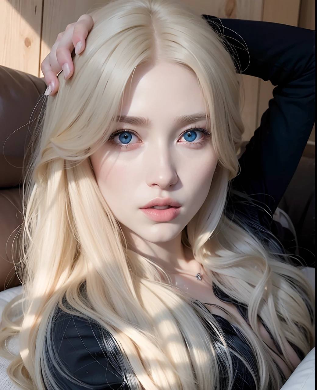 Blond haired girl with blue eyes and long hair lying on a sofa, pale porcelain white skin, pale glowing skin, ivory pale skin, extremely pale blond hair, pale fair skin!!, soft pale golden skin, soft pale white skin, very very pale blond hair, pale ivory skin, pale white skin, com cabelos longos brancos, pale hair, com longos cabelos brancos