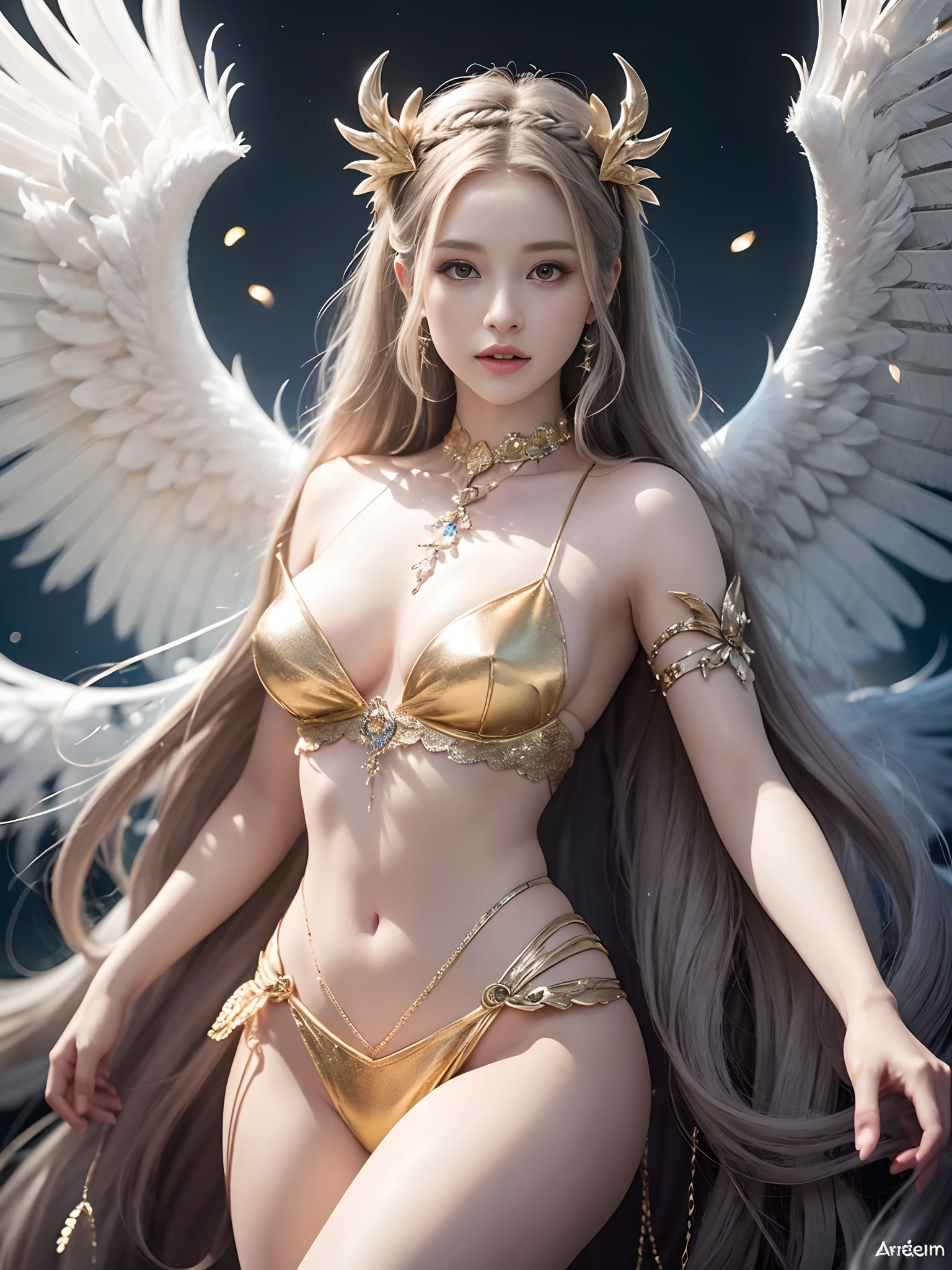 (masterpiece, best quality, photorealistic, highly detailed, octane render, unreal engine, 8k HD, hyper-detailed, realistic skin texture, best quality, ultra high res, raw photo, dramatic lighting, unreal engine, diffuse glow, dynamic pose), A female archangel with beautiful features would likely have striking, ethereal looks that would inspire awe and wonder in anyone who beheld her. She might have piercing blue or green eyes that seemed to glow with an inner light, framed by long lashes that brushed against her delicate cheekbones. Her skin might be porcelain pale, with a soft, rosy blush that highlighted her high cheekbones. Medium breasts, athletic slim body,

Her hair might be long and flowing, with strands of gold or silver that shimmered like starlight in the sun. It might be styled in intricate braids or loose waves that cascaded down her back, or perhaps pulled back into an elegant updo that showcased her graceful neck.

Her wings would be magnificent, with feathers as white as snow and shimmering with an otherworldly light. They might be large and imposing, giving her an aura of power and majesty, or perhaps delicate and intricate, reflecting her refined and elegant nature.

In short, a female archangel with beautiful features would be a vision of divine beauty, radiating grace, power, and wonder in all who beheld her