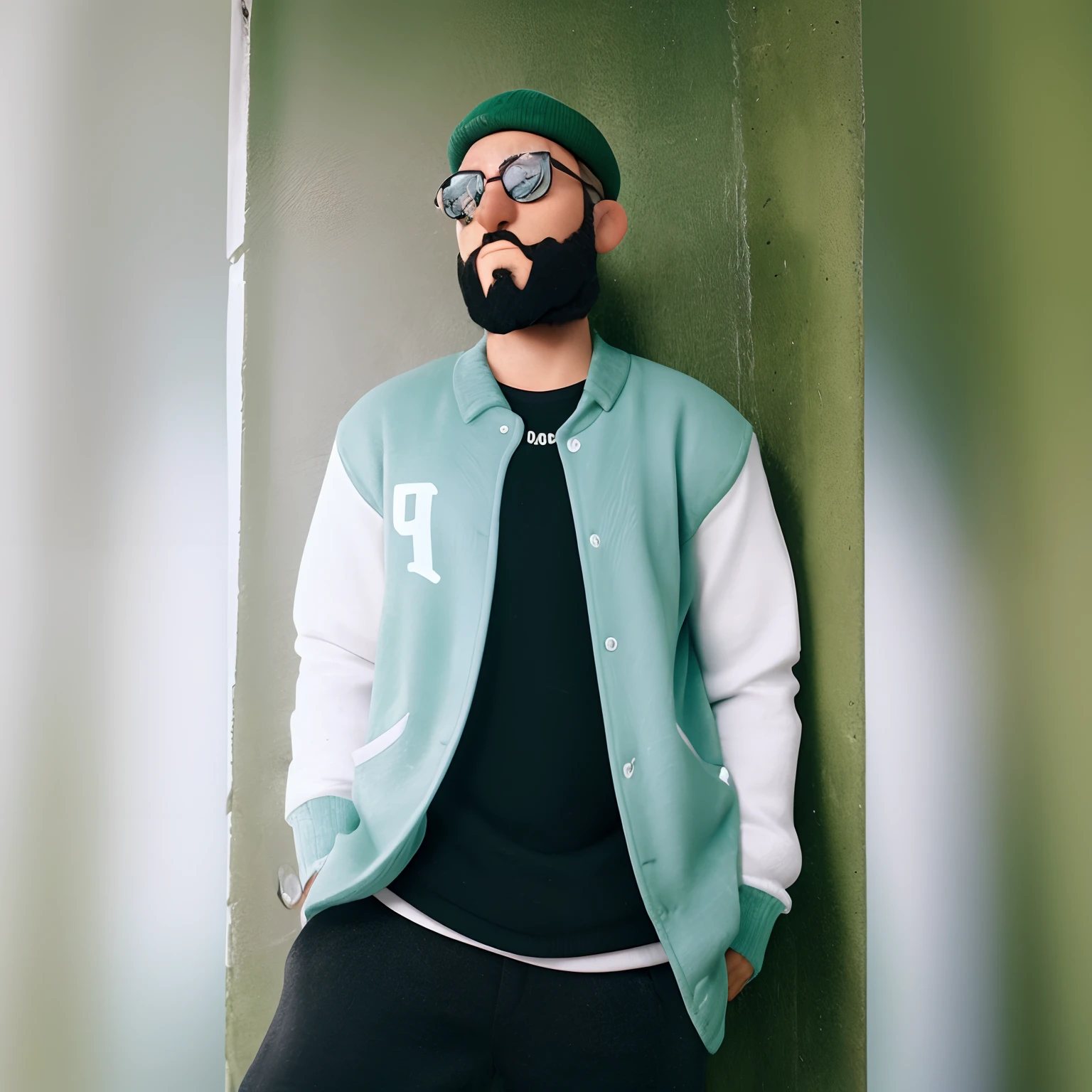 Personagem de desenho animado de um homem, de toca verde encostado em uma parada , bigode preto, barba preta , wearing a green baseball cap, black glasses and a white shirt, com uma blusa de verdade aberta na frente, uma cara bem caracterizada Caractere estilizado, animation style rendering, 3D estilizado, Arnold Maya render, 3d rendering stylized, toon render keyshot, Personagem 3D, Personagem 3D, 3d rendering stylized, 3 d character render, personagem de desenho animado, Personagem de close up, Pose de personagem, (Estilo Pixar) (master part:1.2) (Bokeh) (best quality) (pele detalhada) (textura detalhada) (8k) (argila) (Cinematic lighting) (foco afiado ),