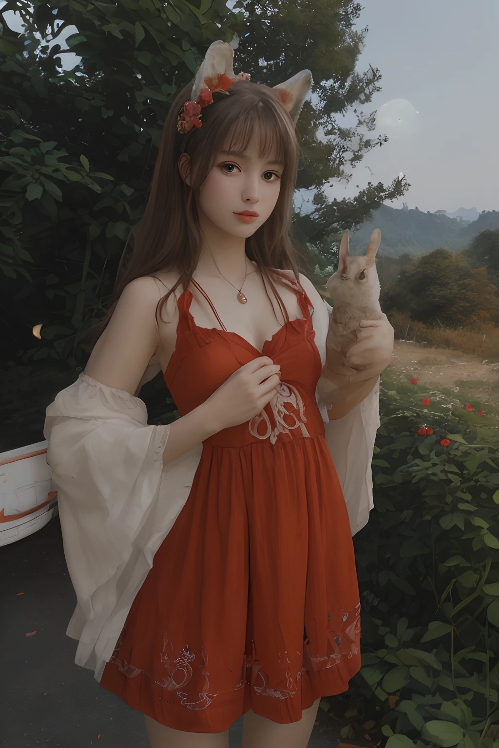 a girl in a red autumn dress holding bunnies near the moon, in the style of nightcore, traditional costumes, traditional essence