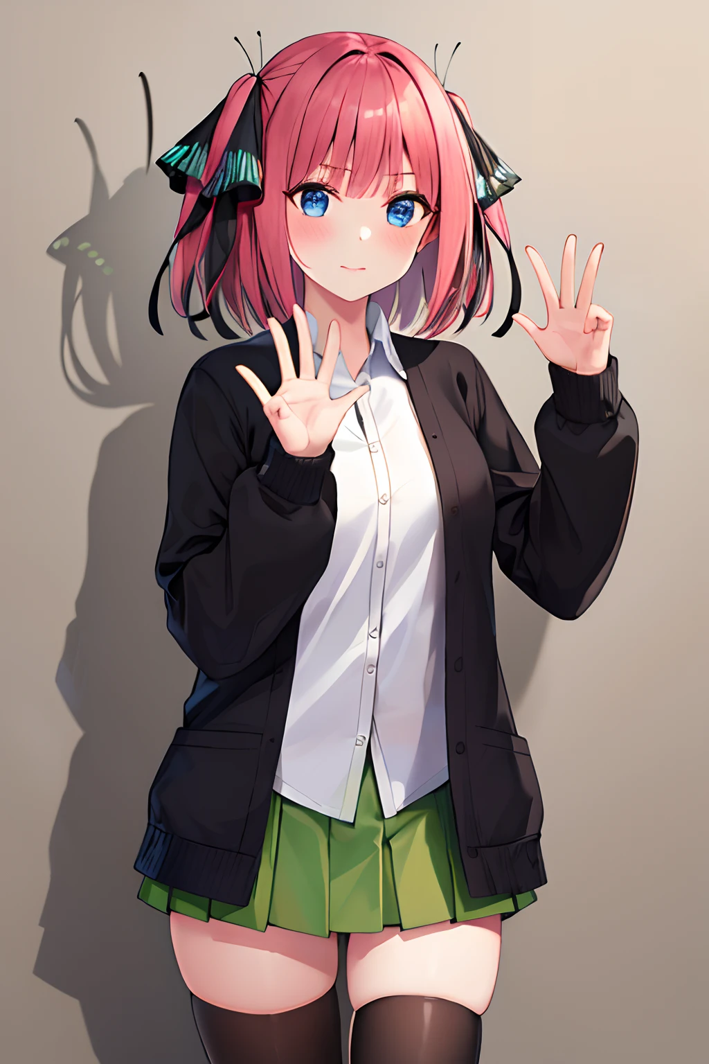 masterpiece, best quality, highres, nn1, 1girl, hair ribbon, short hair, green skirt, white shirt, black cardigan, open clothes, white thighhighs, long sleeves, cowboy shot, standing, waving,