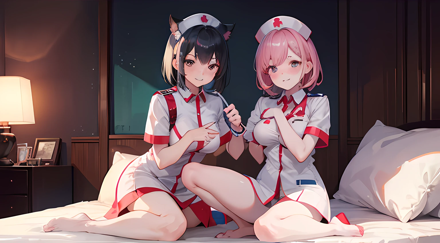 two woman, one of them is a nurse and the other is a police, smiling, pervert facial expression, blush on their face, normal breast, sitting on the bed, looking at the camera, fullbody, detailed eye, cat iris, bedroom, dramatic lighting, ufotable artsyle animation