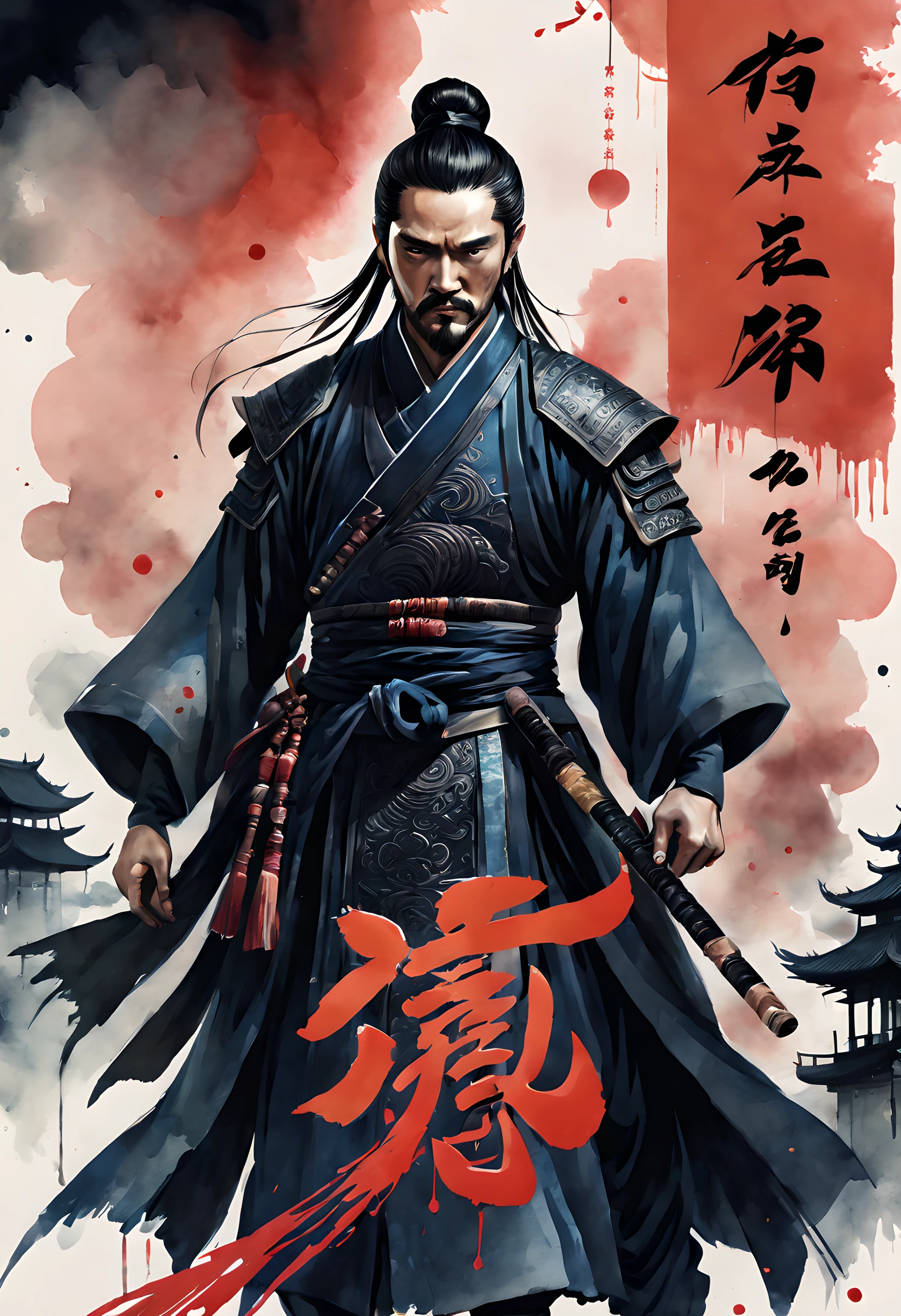 (movie poster style:1.5), (movie poster:1.5), (ink and watercolor painting:1.5), (Tasteful:1.5), (ink and watercolor painting:1.5), (Chinese style:1.5), (full color:1.5), 8k, 4k, (magic:1.5), (dripping paint;1.5), (chiniese movie poster:1.5), (Period Drama Poster:1.3), (three kingdom:1.5), (Three Kingdoms:1.5), (Takeshito:1.5), (war:1.5), (movie title:1.5), (logo:1.5), (text:1.5), (Background of period drama:1.5),