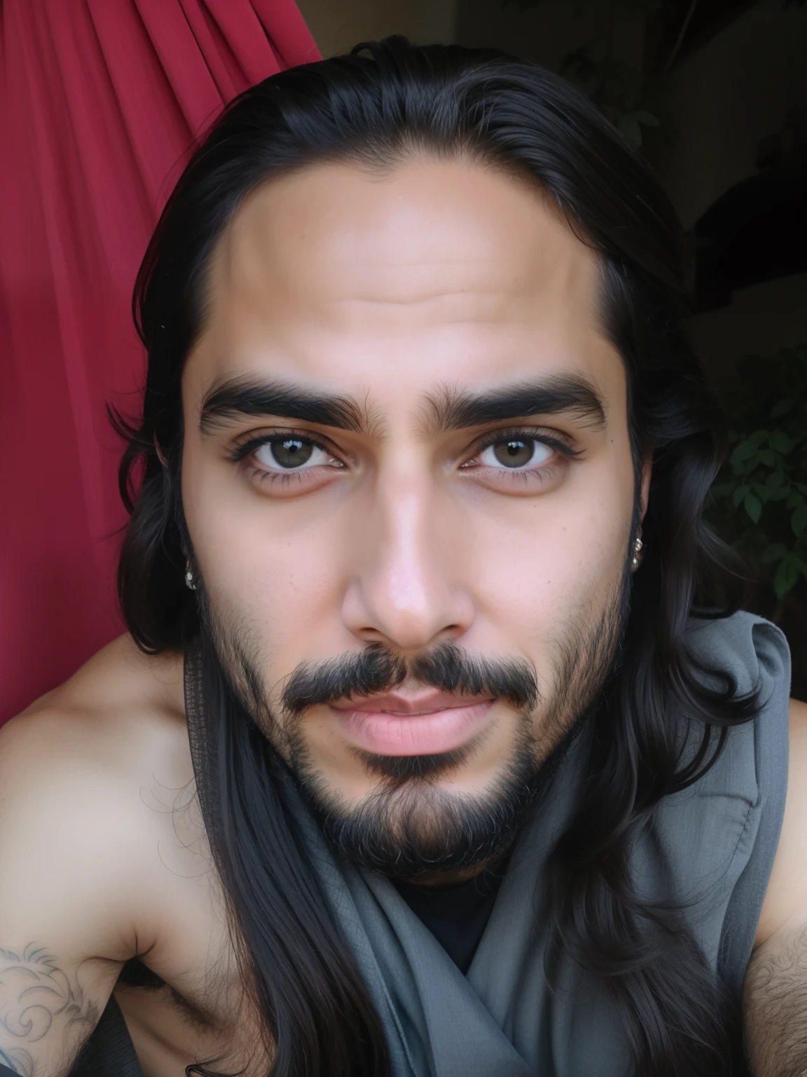 Arab man with long hair and beard, staring directly at camera, Looking directly into the camera