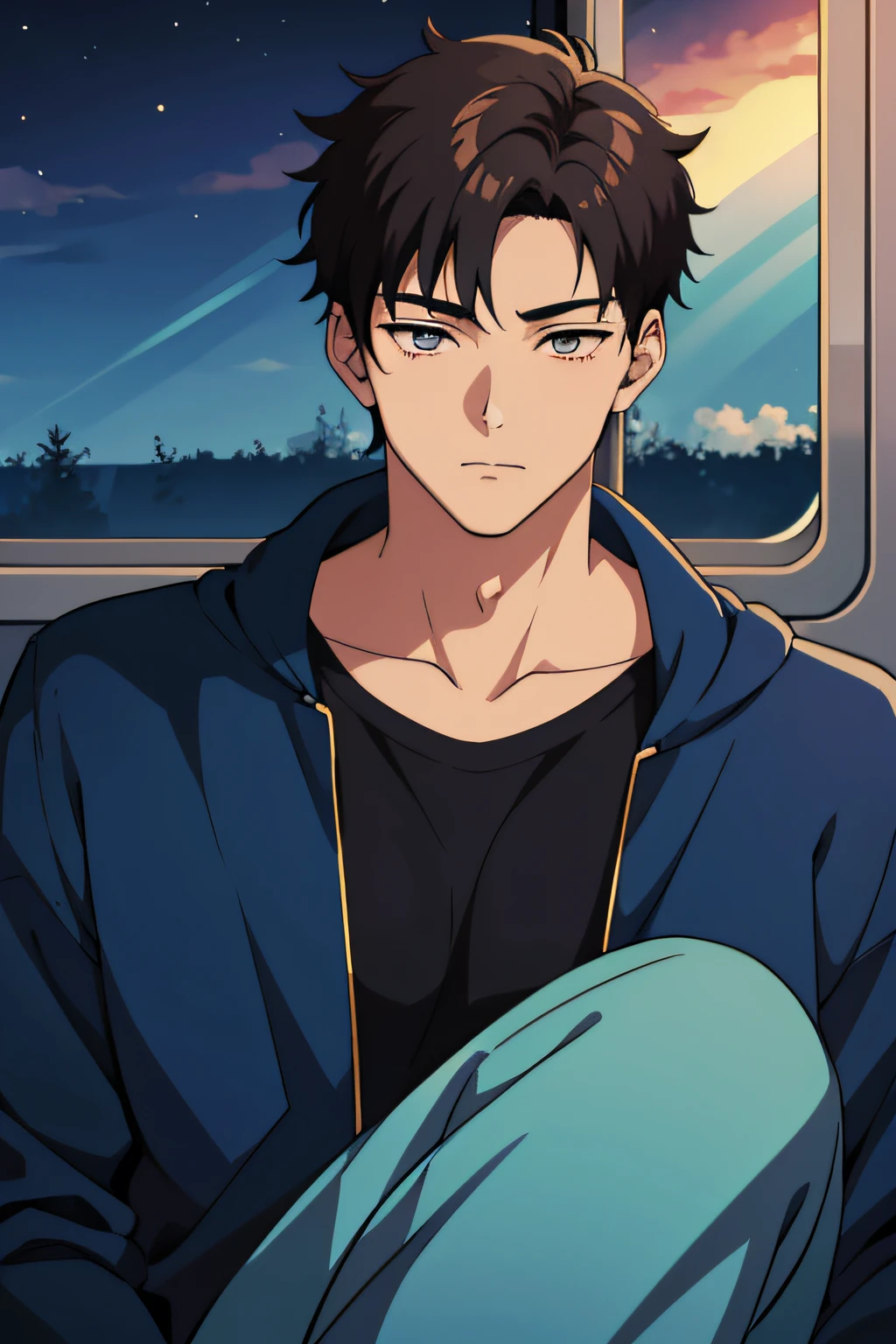 anime style of a 16 year old boy listening to music at dusk in the train, wearing headphone which is glowing softly, the boy is very handsome, his face has perfect ratio, very short hair, big beautiful yet masculine eyes, he is shy, stunning landscape outside