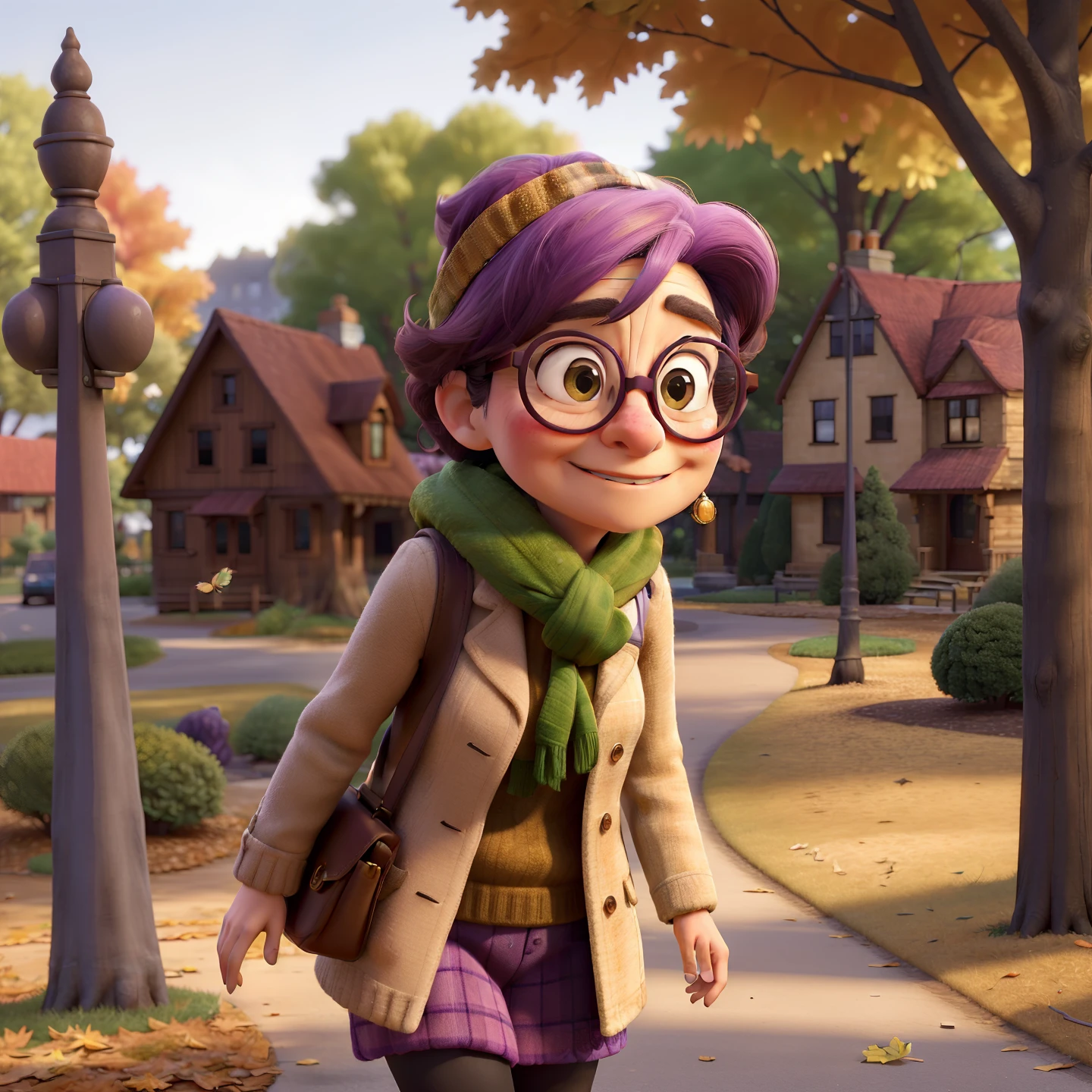 (best quality,highres,masterpiece:1.2),elderly woman with glasses and scarf, wearing a purple coat and green scarf, standing in the park,urban landscape, detailed facial expression, vibrant colors, soft sunlight,rustling leaves, serene atmosphere, autumnal scenery,lively birds chirping, lively park benches, light breeze passing through, distant city skyline,peaceful surroundings, one girl walking by, capturing a candid moment, scattered fallen leaves, golden hues of sunset taking hold, tranquil park pond reflecting the beauty,calm demeanor, subtle smile, wisdom in her eyes, nostalgic vibes, artistic brush strokes, gentle swaying trees, quiet footsteps, harmonious blend of nature and city, creative interpretation, lifelike portrait, extraordinary attention to every detail, intricate textures on the coat, crispness of the glasses, genuine emotion shining through