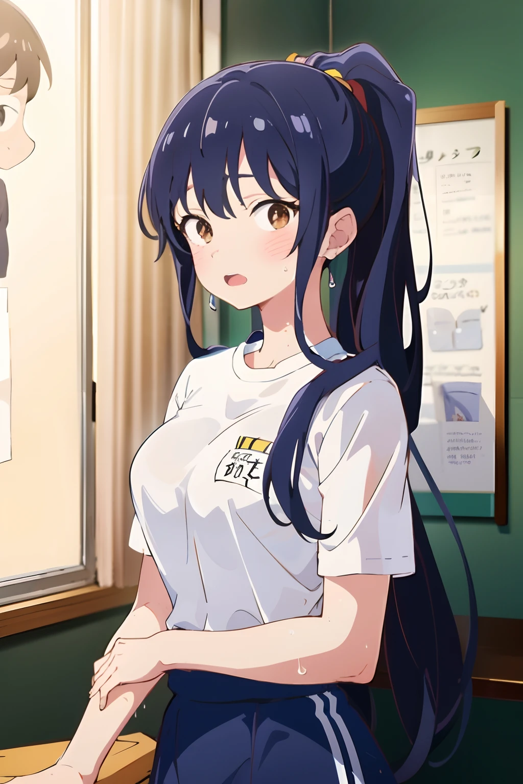 ,(Masterpiece:1.2, High quality), (Pisif:1.4),Yamada Anna,Large of breast,
1girll, Solo, gym uniform, Brown eyes, shirt, Sweat, pony tails, Blush, view the viewer, Blue hair, Breasts, Open mouth, Wet, White shirt, Short sleeves, name tag, Wet clothes, 鎖骨, Upper body, gym shirt, Large breasts